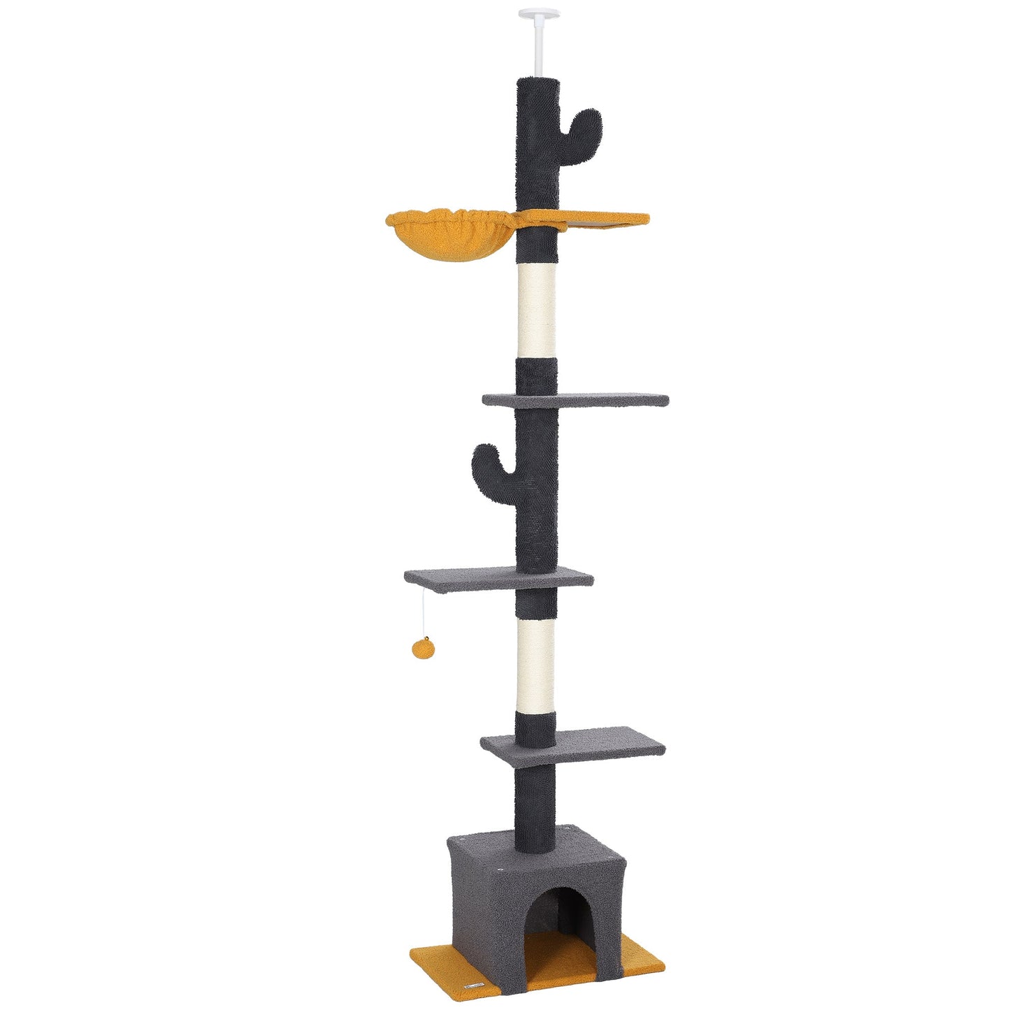 Floor to Ceiling Cat Tree, Cat Tower with 90.5"-108" Adjustable Height, 5 Tier Activity Centre with Scratching Posts, Hammock, Condo, Toy Ball for Indoor Cats, Dark Grey