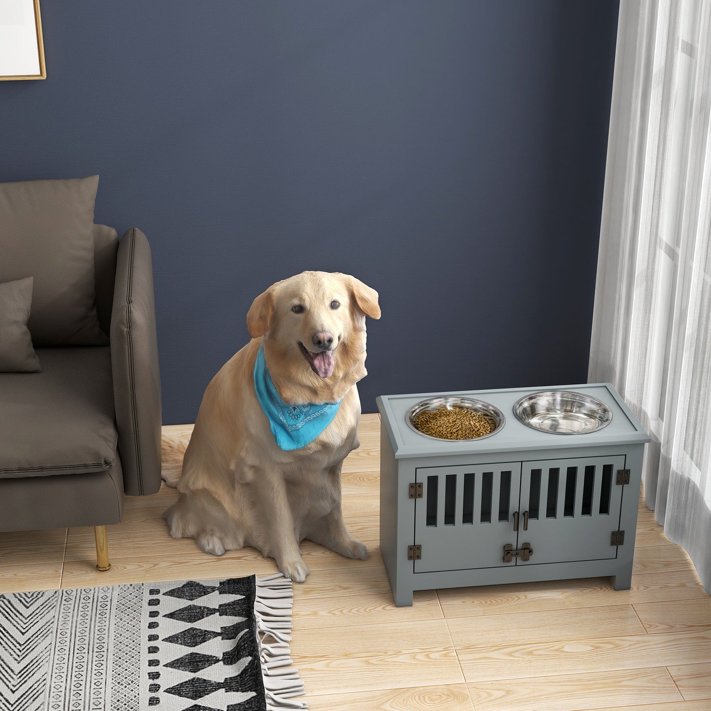Raised Dog Bowls, Elevated Dog Feeder with 2 Stainless Bowls, Storage Cabinet, Door, for Extra Large Dogs, Grey