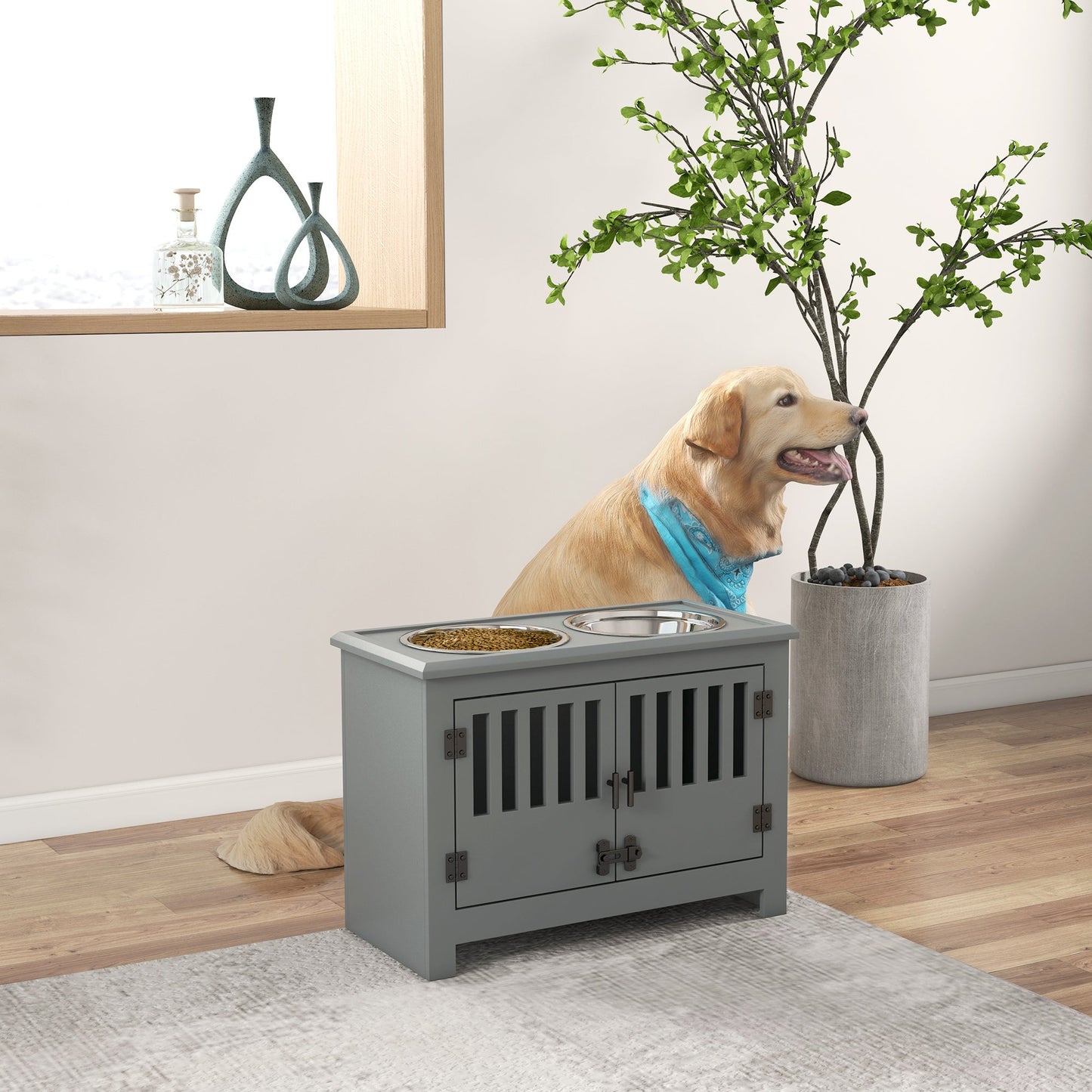 Raised Dog Bowls, Elevated Dog Feeder with 2 Stainless Bowls, Storage Cabinet, Door, for Extra Large Dogs, Grey