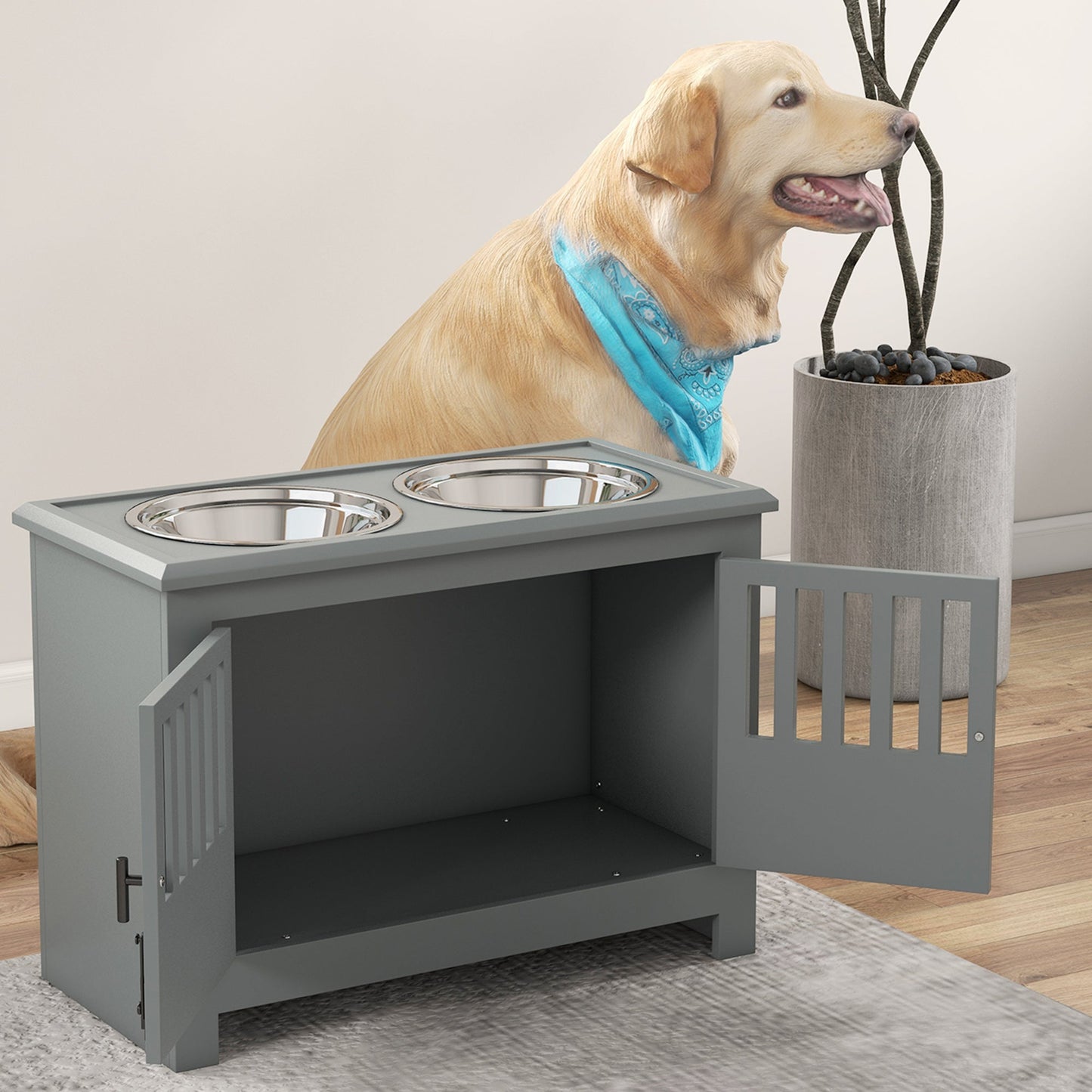 Raised Dog Bowls, Elevated Dog Feeder with 2 Stainless Bowls, Storage Cabinet, Door, for Extra Large Dogs, Grey
