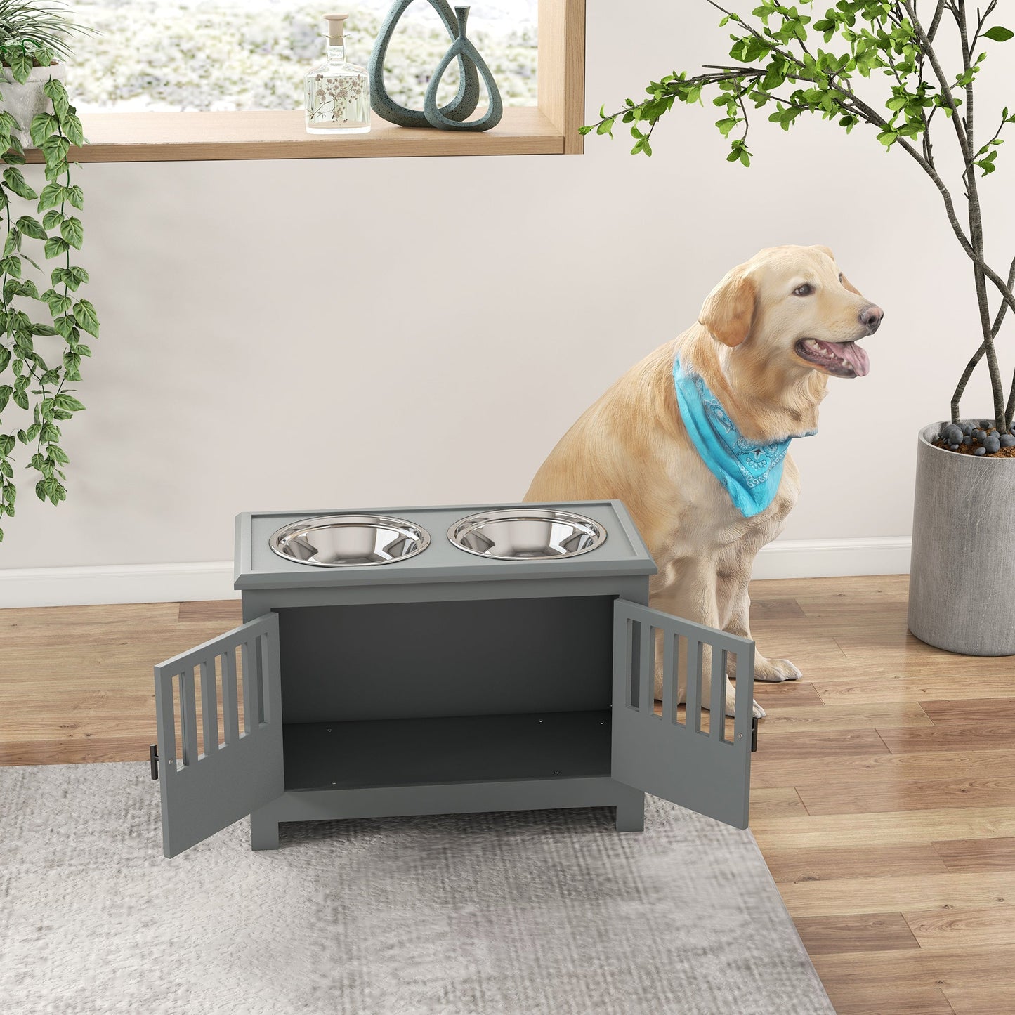 Raised Dog Bowls, Elevated Dog Feeder with 2 Stainless Bowls, Storage Cabinet, Door, for Extra Large Dogs, Grey