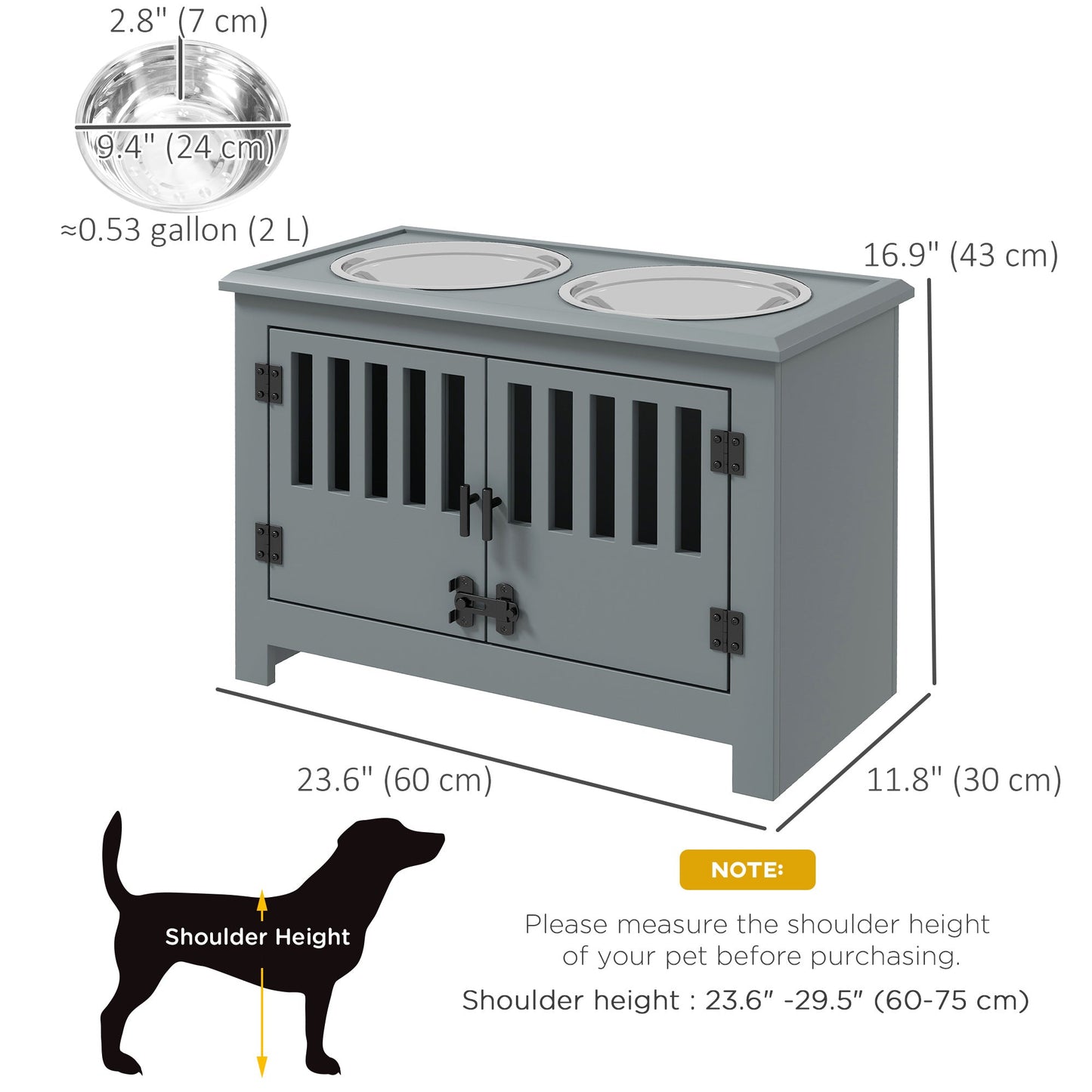Raised Dog Bowls, Elevated Dog Feeder with 2 Stainless Bowls, Storage Cabinet, Door, for Extra Large Dogs, Grey