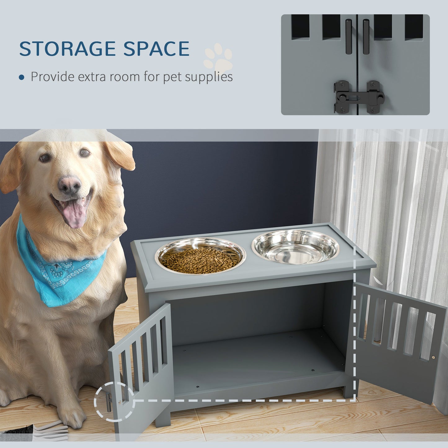 Raised Dog Bowls, Elevated Dog Feeder with 2 Stainless Bowls, Storage Cabinet, Door, for Extra Large Dogs, Grey