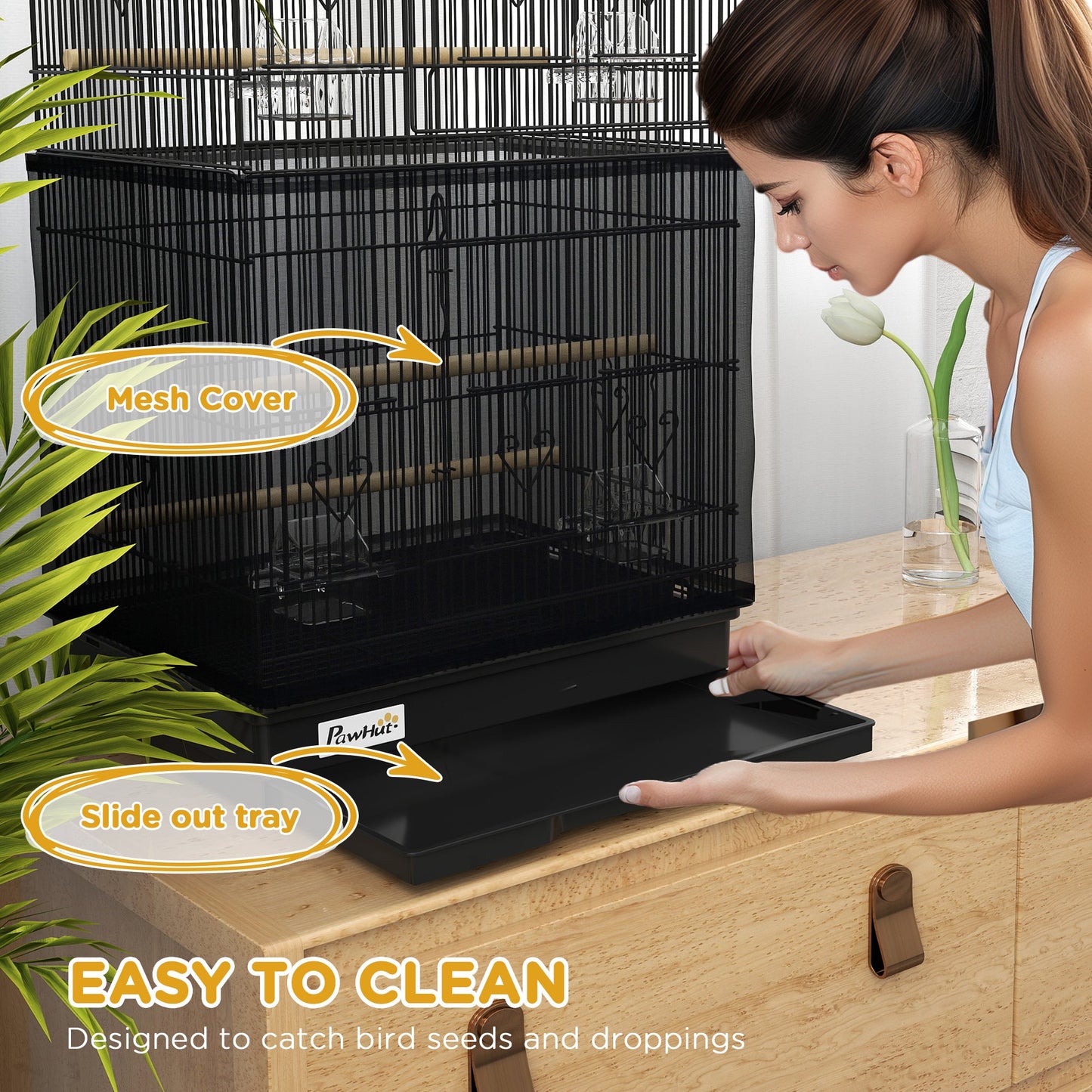 36" Bird Cage for Finches, Canaries Budgies, Parrot Cage with Accessories, Handle, Mesh Cover, Tray, Black