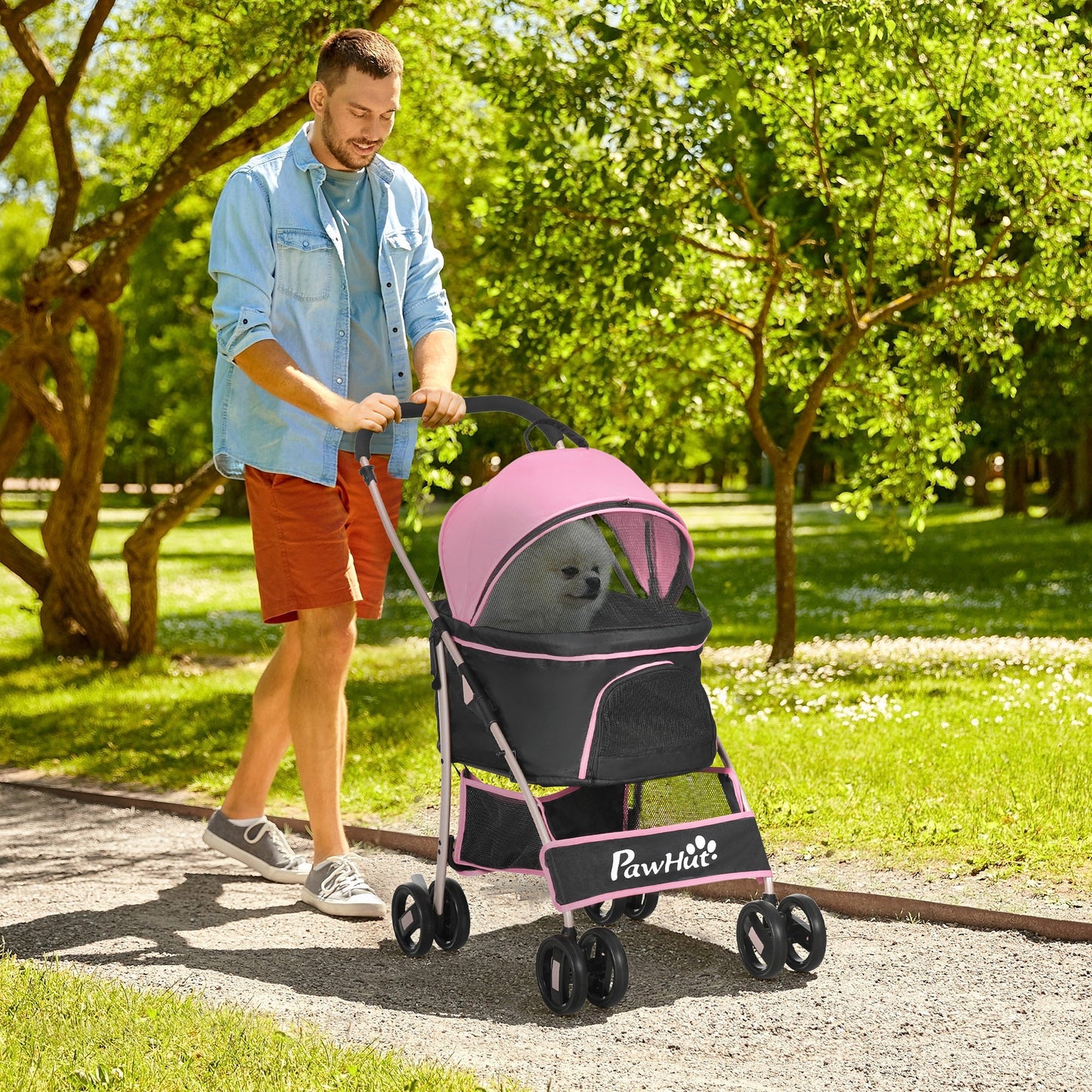 4 Wheels Pet Stroller, 3 in 1 Dog Cat Travel Folding Carrier, for Small Dogs, Detachable, w/ Brake, Canopy, Basket, Storage Bag - Pink