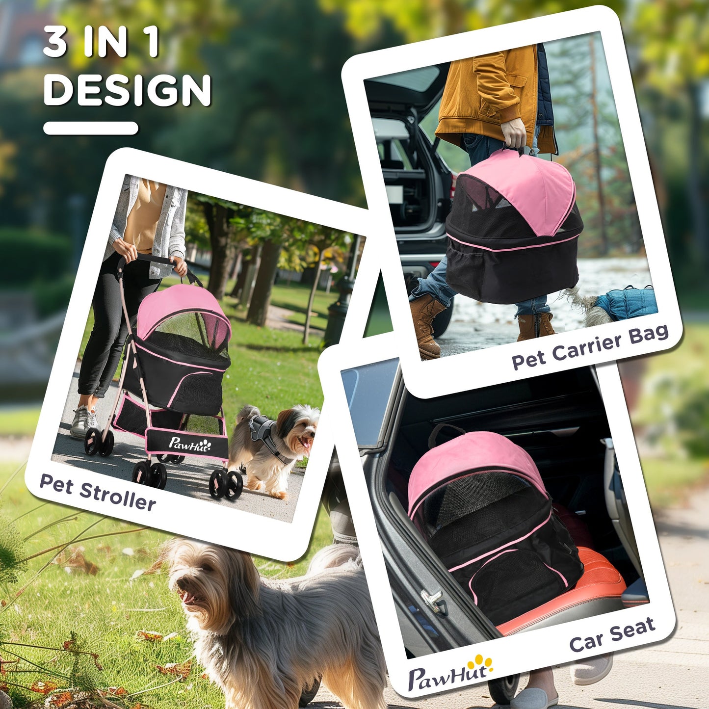 4 Wheels Pet Stroller, 3 in 1 Dog Cat Travel Folding Carrier, for Small Dogs, Detachable, w/ Brake, Canopy, Basket, Storage Bag - Pink