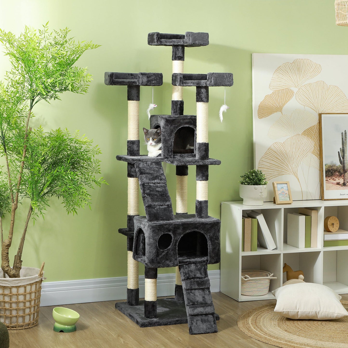 68 inches Cat Tree, Multi-Level Large Cat Tower Condo with Scratching Posts, Perches, Cat Houses, Dangling Toy, Grey