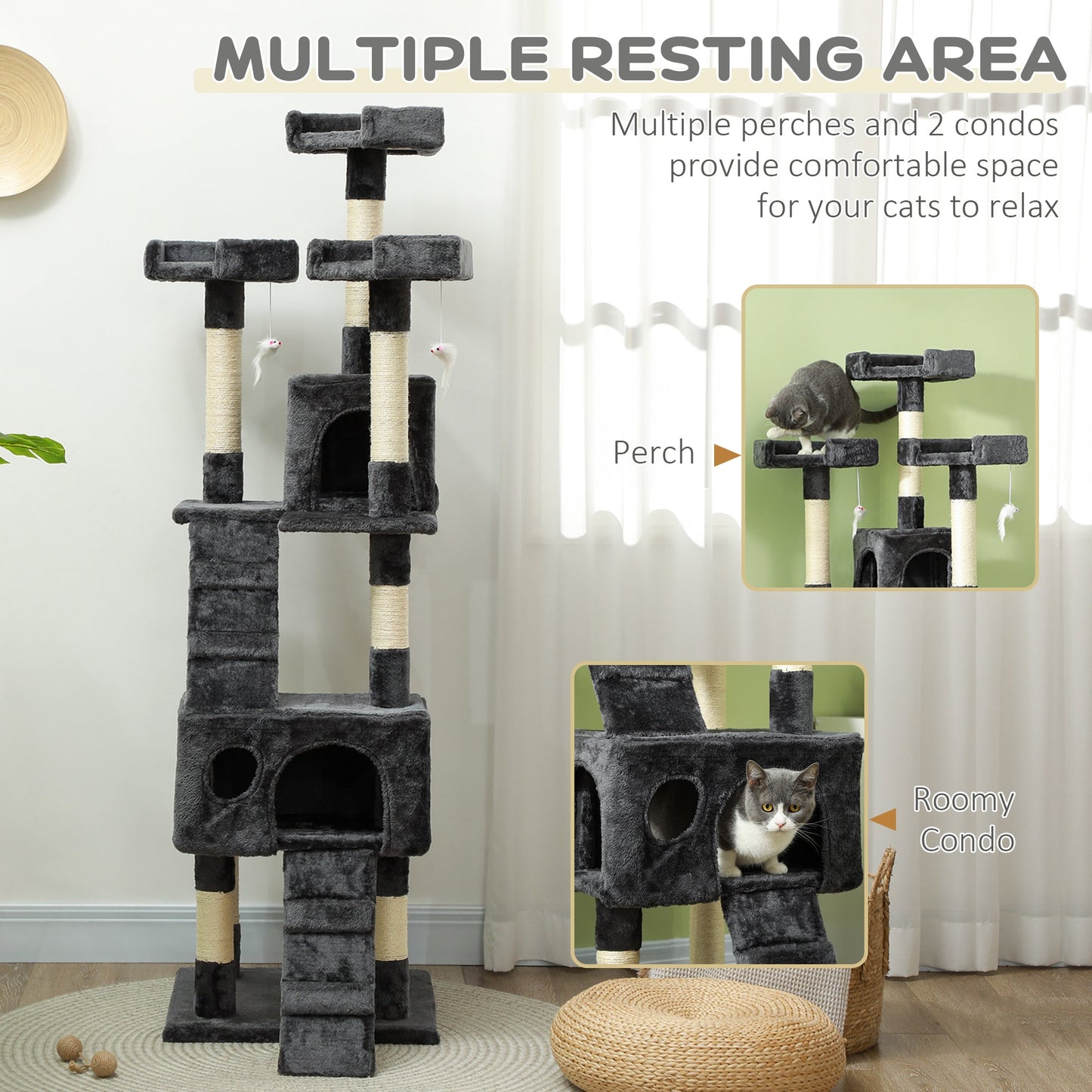 68 inches Cat Tree, Multi-Level Large Cat Tower Condo with Scratching Posts, Perches, Cat Houses, Dangling Toy, Grey