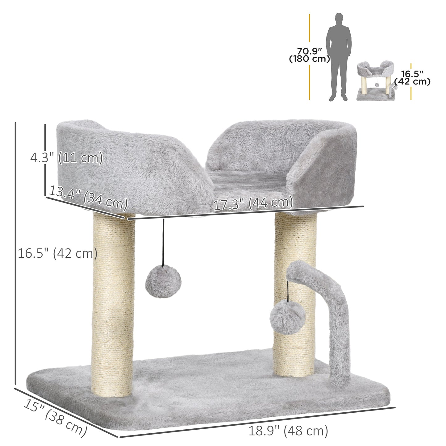 Cat Tree, 16.5" Small Cat Tower Condo for Indoor Cats with Sisal Scratching Posts, Top Perch, Dangling Balls, Cat Activity Centre, Light Grey