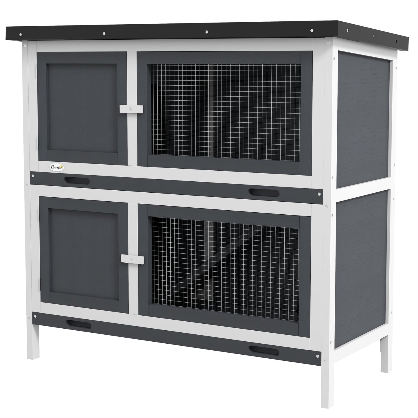 Solid Wood Rabbit/Bunny Hutch with 2 Large Main Rooms, Protection from UV Rays and Water, and Firm Cage, Grey