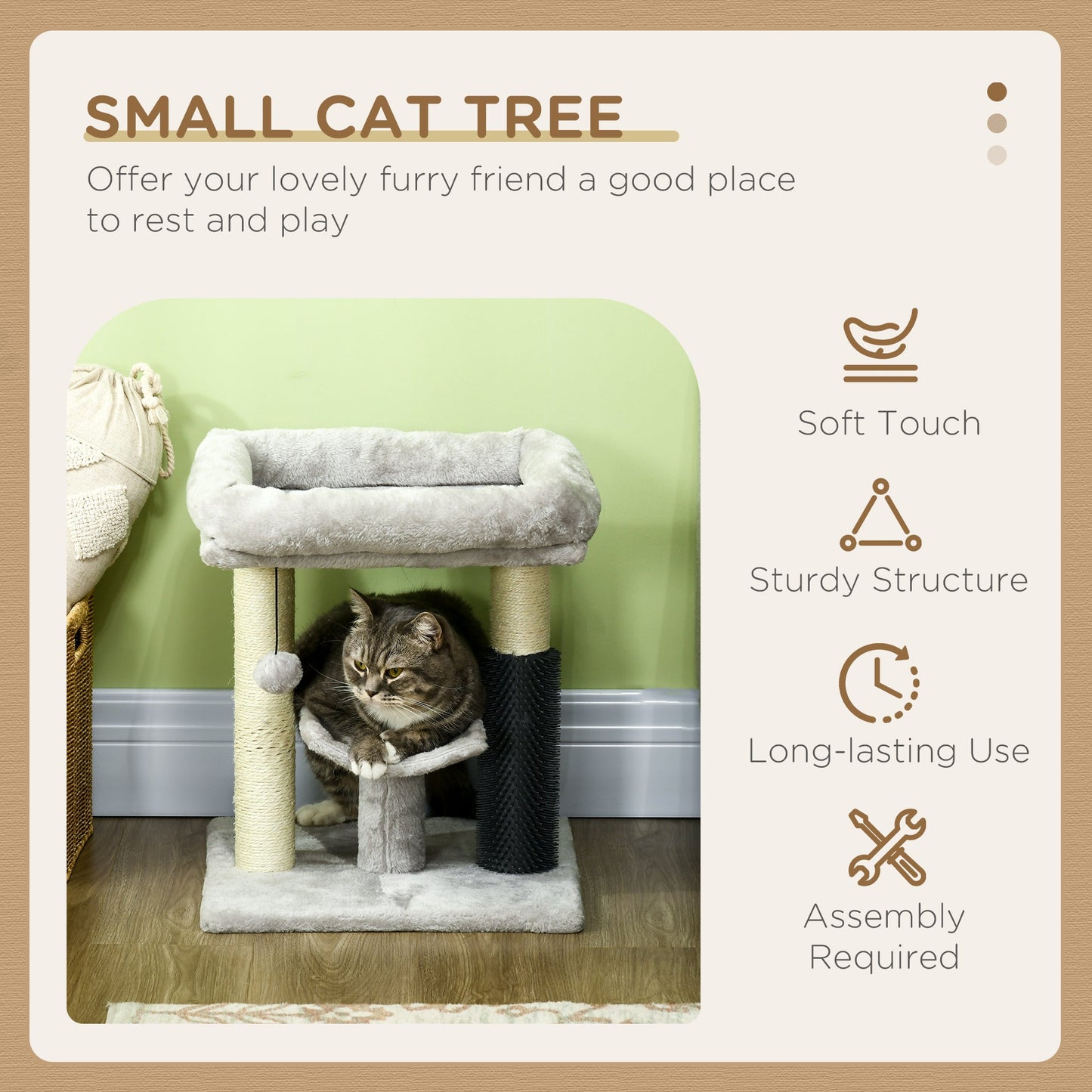 19" Cat Tree, Small Cat Tower Condo with Sisal Scratching Post, Kitten Activity Centre with Bed, Self Groomer, Perch, Dangling Ball, Grey
