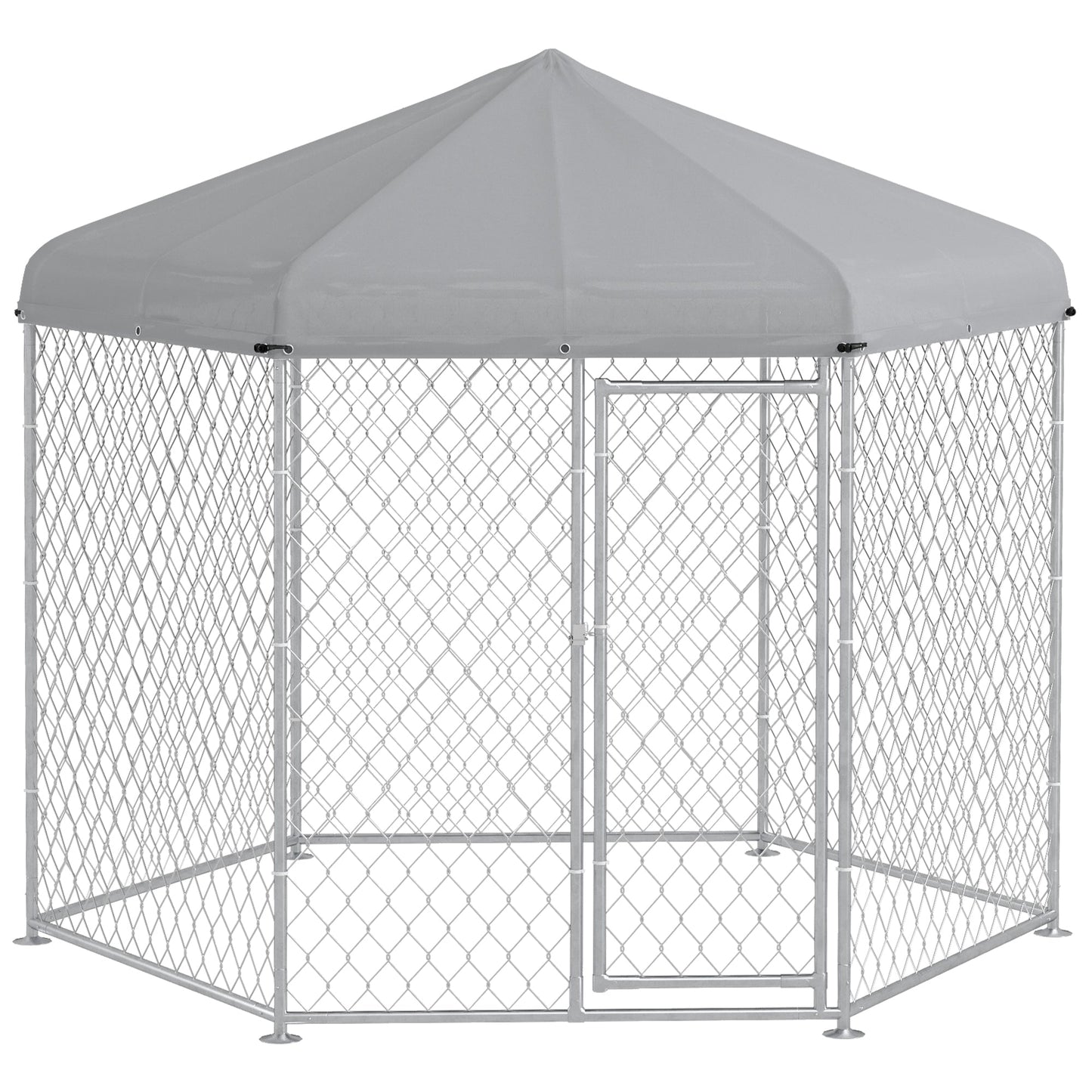 Outdoor Dog Kennel Dog Run with Waterproof, UV Resistant Cover for Medium and Large Sized Dogs, 9.2' x 8' x 7.7', Silver