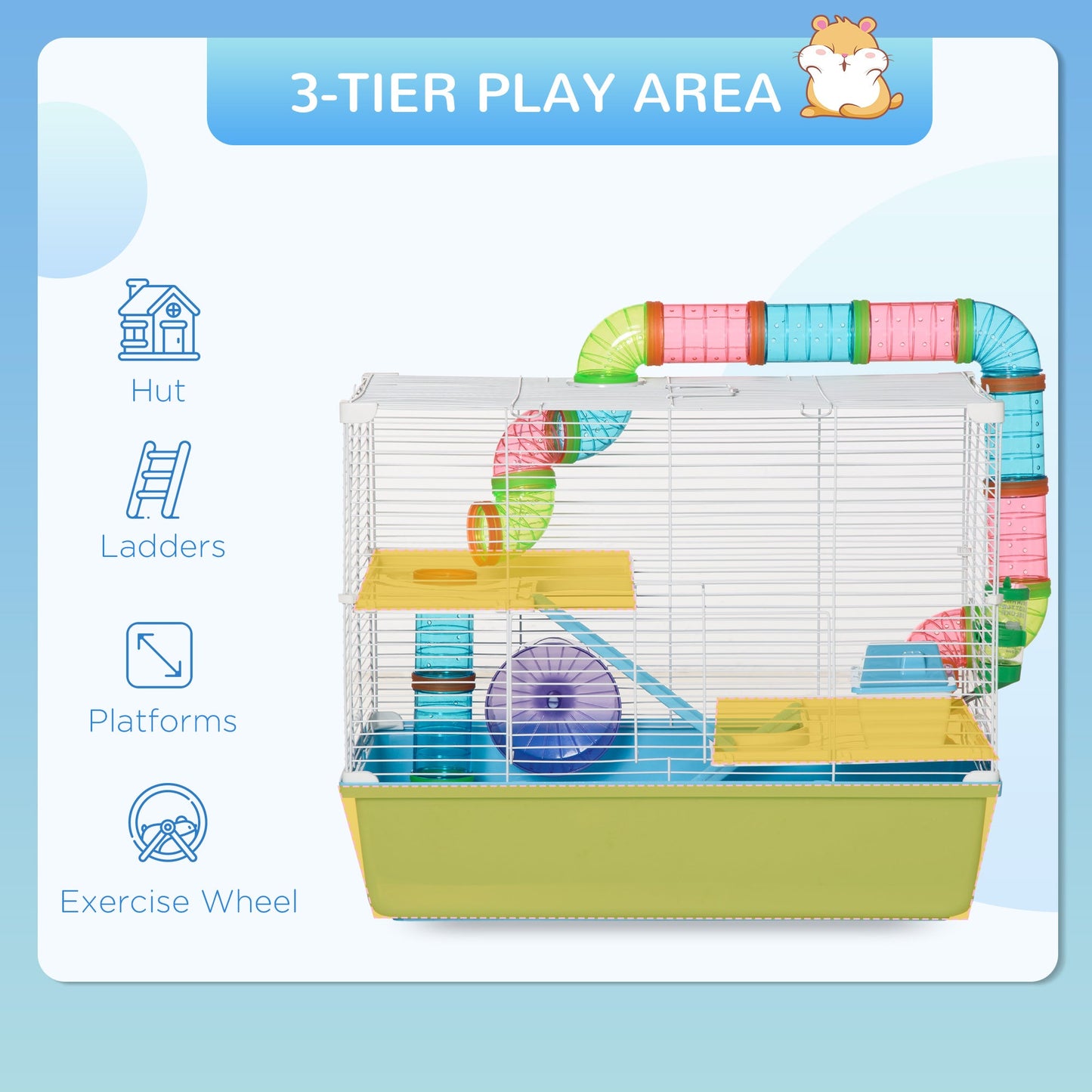 Hamster Cage, Small Animal House, 3-Level Guinea Pig Cage Gerbil Haven, Tunnel Tube System, with Water Bottle, Exercise Wheel, Food Dish, Ramps, Light Blue