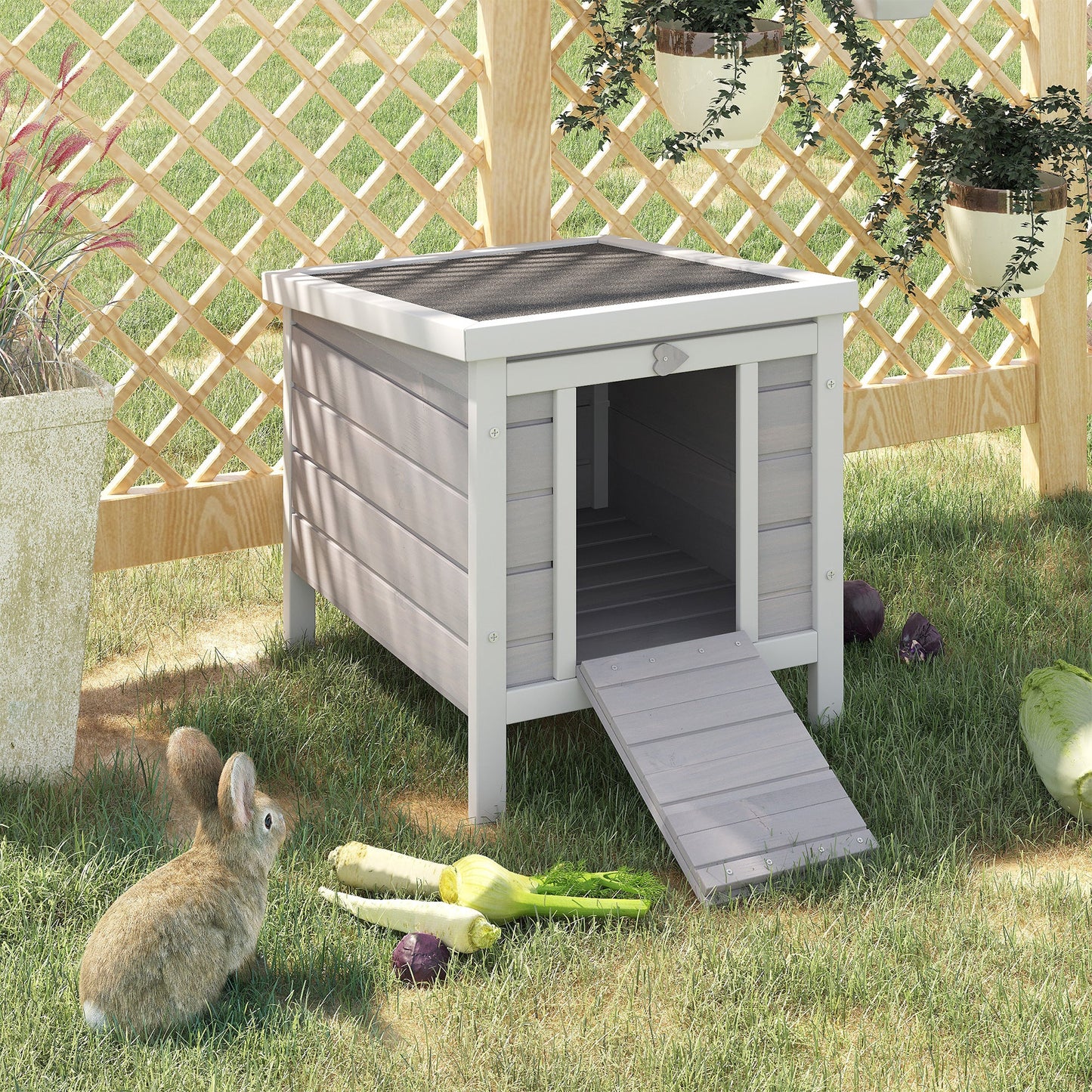 Wooden Rabbit Hutch Bunny Cage Outdoor Cat House Guinea Pig Cage Duck Shelter, Indoor Outdoor Use, 20"x16.5"x17", Grey
