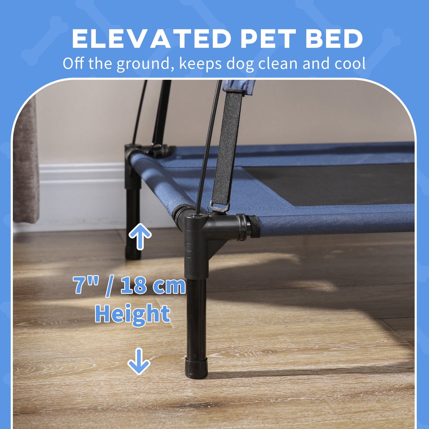 Elevated Dog Bed with Canopy, Portable Raised Dog Cot for L Sized Dogs, Indoor & Outdoor, 36" x 30" x 35", Dark Blue