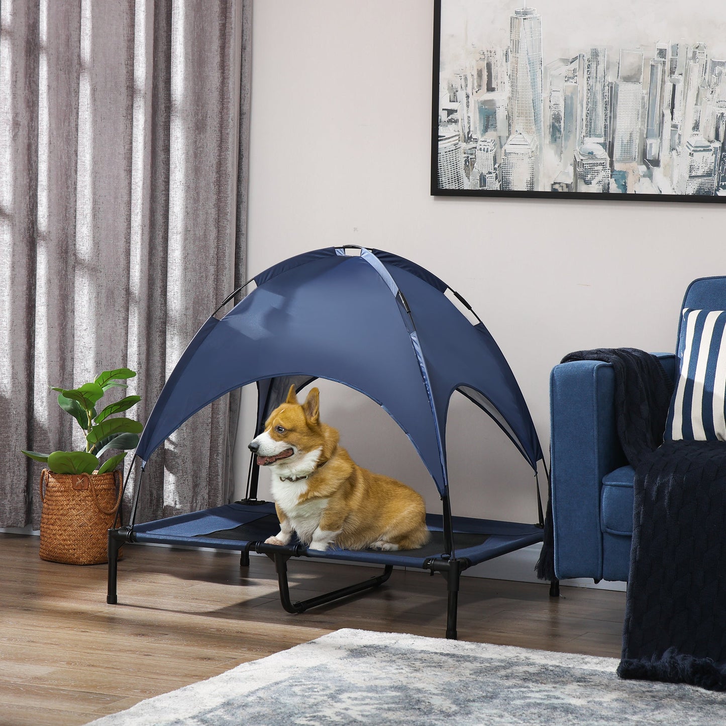Elevated Dog Bed with Canopy, Portable Raised Dog Cot for L Sized Dogs, Indoor & Outdoor, 36" x 30" x 35", Dark Blue