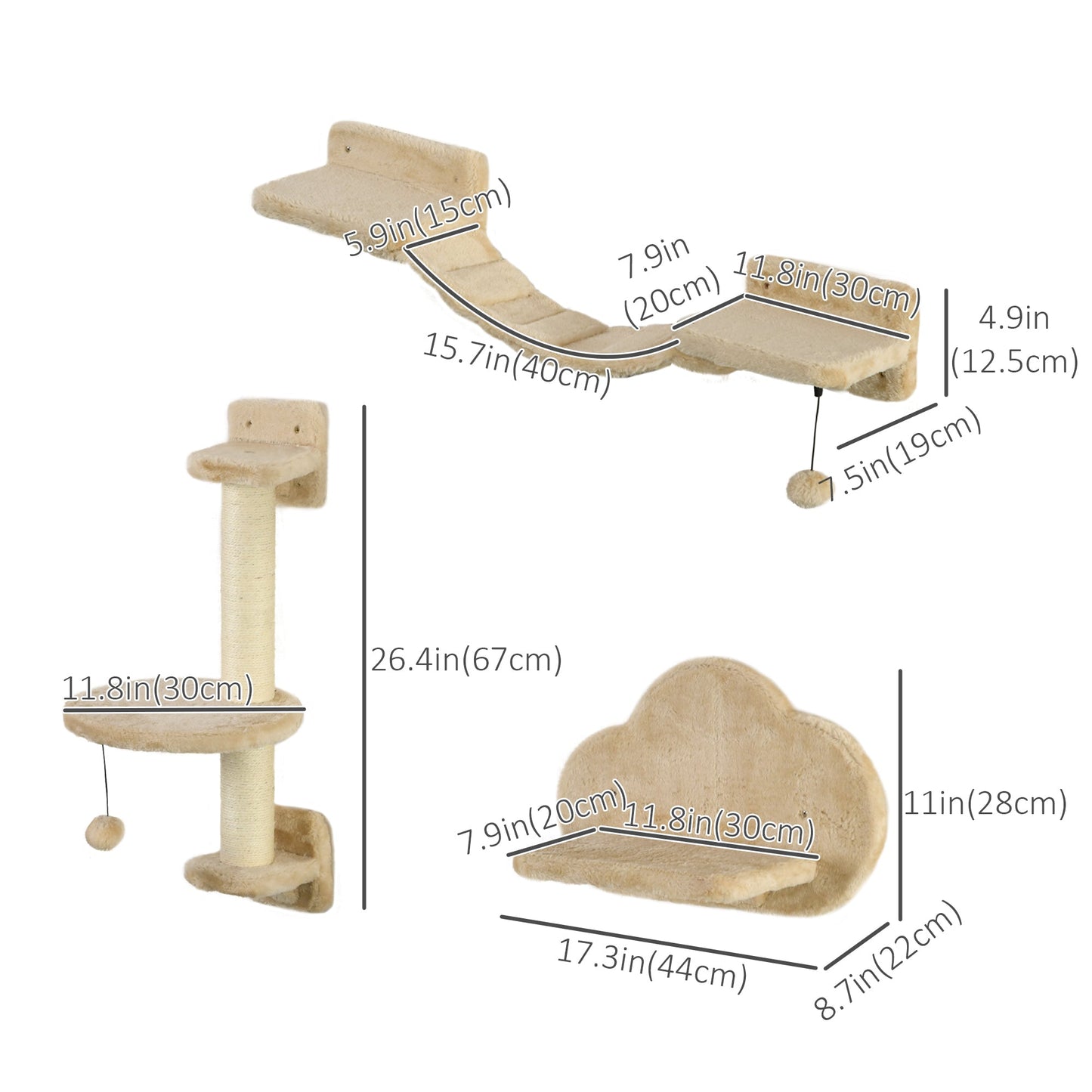 3Pcs Cat Wall Shelf with Scratching Post, Cat Wall Shelves for Relaxing, Climbing, Cat Wall With Soft Ladder and Play Balls, Beige