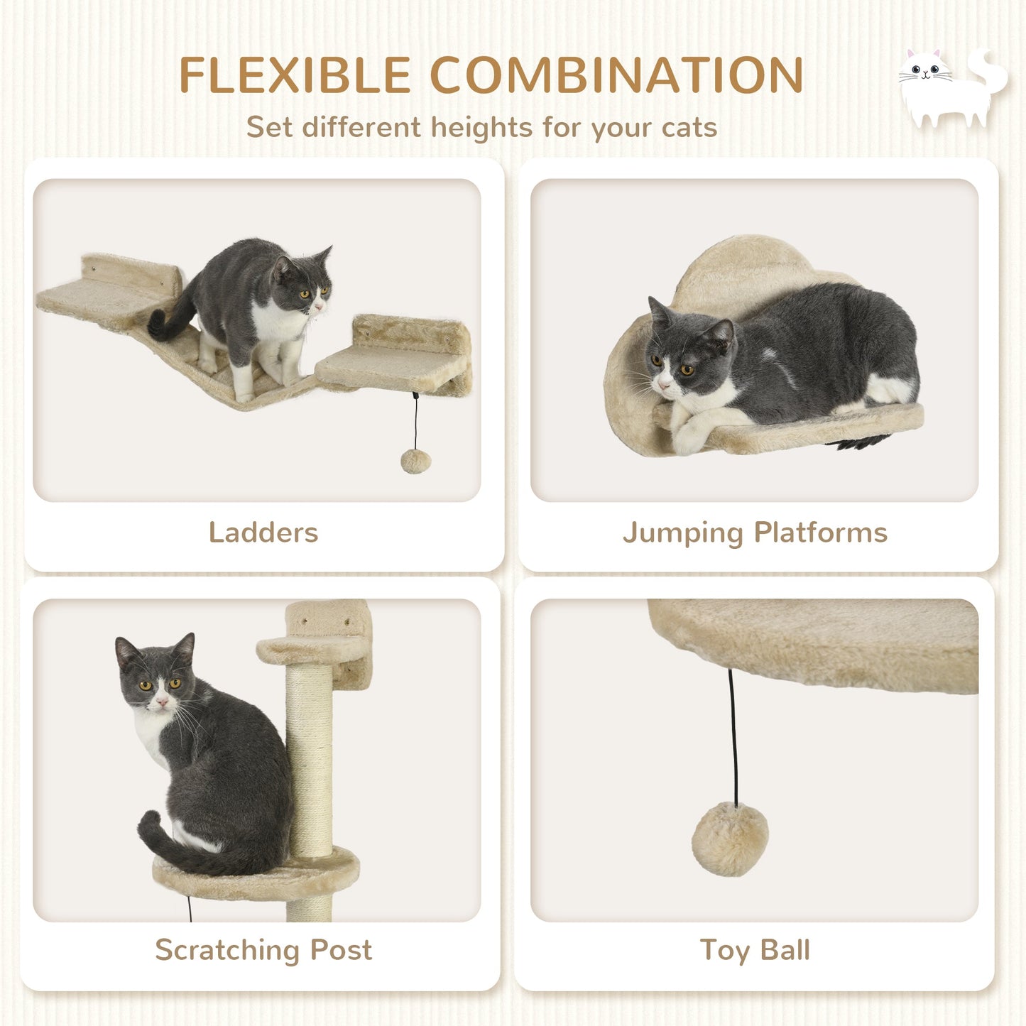 3Pcs Cat Wall Shelf with Scratching Post, Cat Wall Shelves for Relaxing, Climbing, Cat Wall With Soft Ladder and Play Balls, Beige