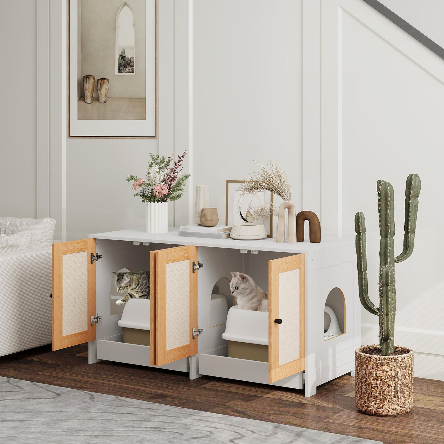 Cat Litter Box Enclosure, Hidden Litter Box Furniture with Pull-Out Tray, Indoor Cat Washroom with 2 Storage Cabinet, Scratching Mat, Oak