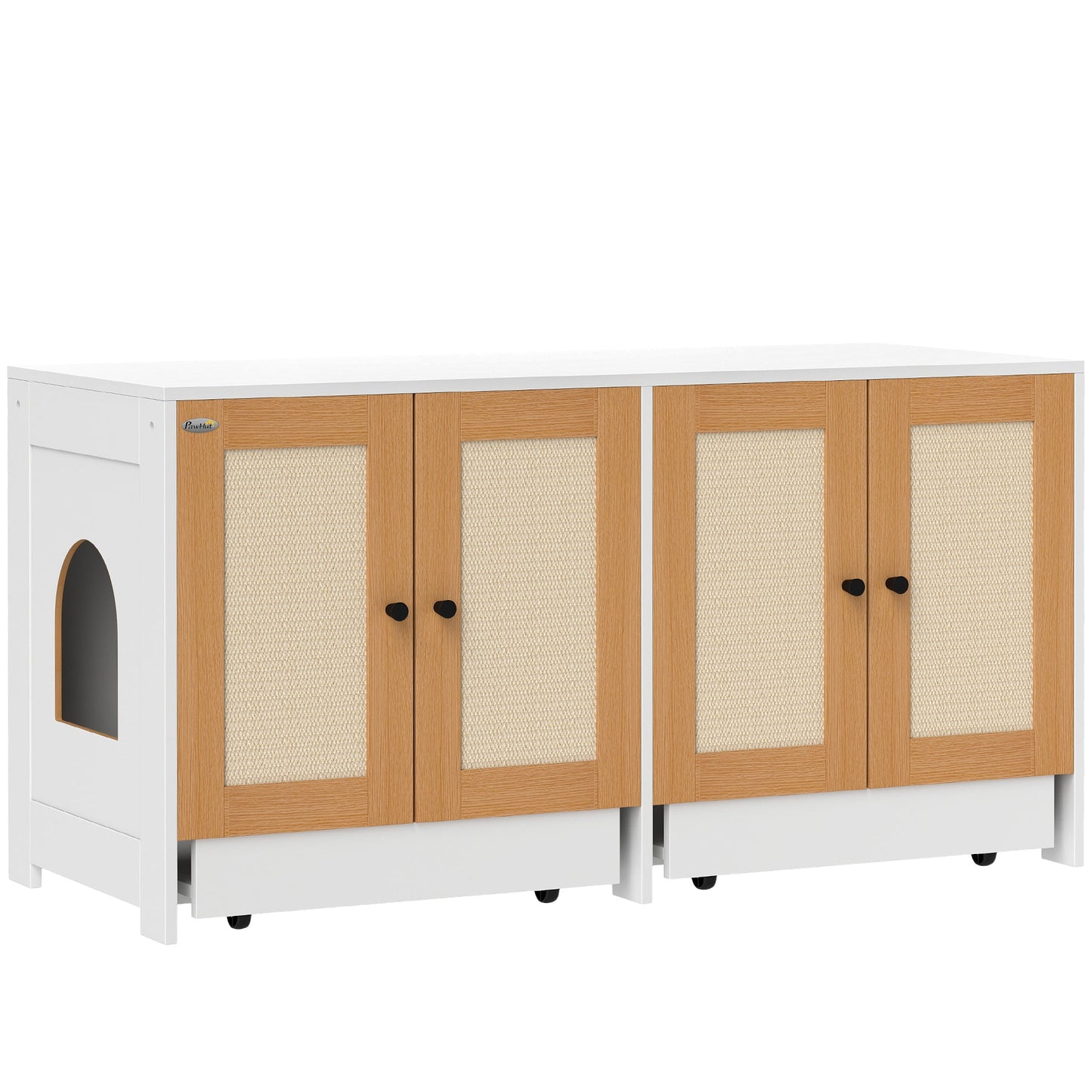 Cat Litter Box Enclosure, Hidden Litter Box Furniture with Pull-Out Tray, Indoor Cat Washroom with 2 Storage Cabinet, Scratching Mat, Oak