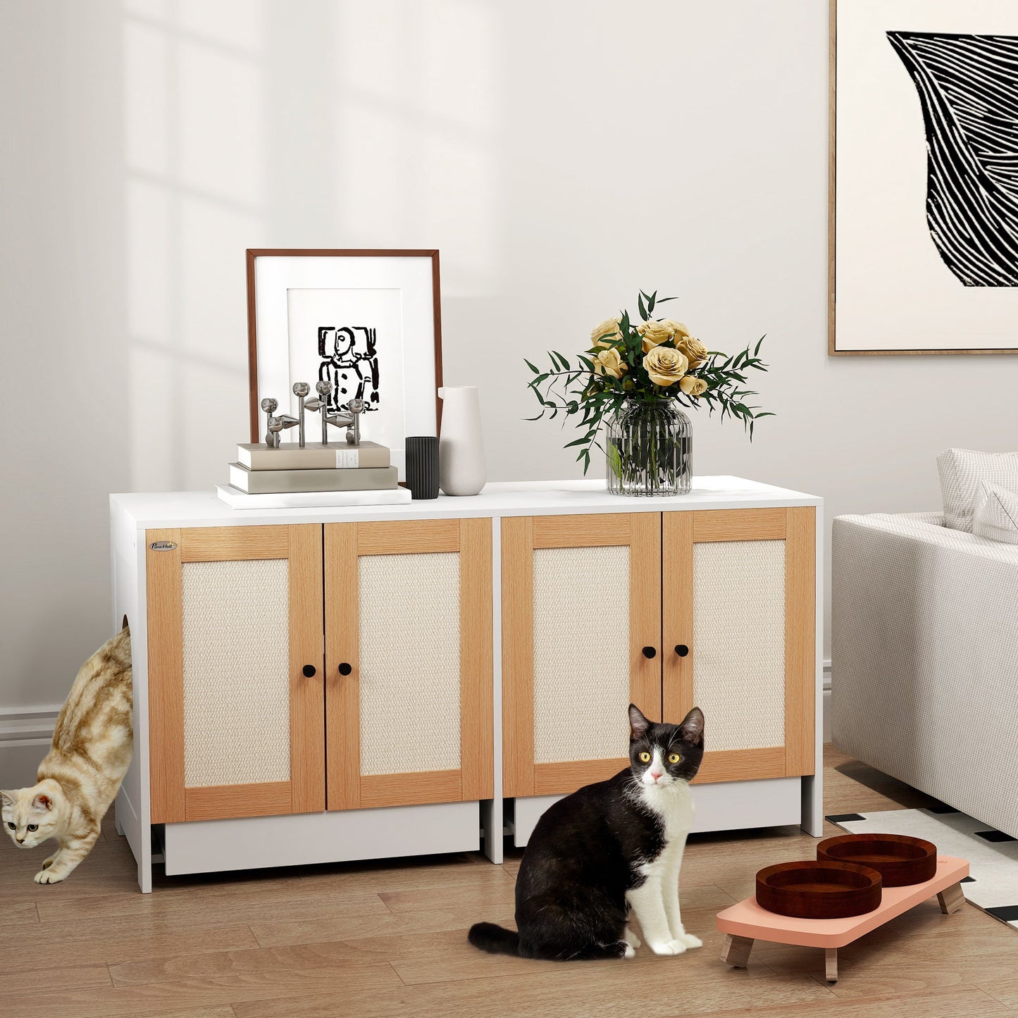 Cat Litter Box Enclosure, Hidden Litter Box Furniture with Pull-Out Tray, Indoor Cat Washroom with 2 Storage Cabinet, Scratching Mat, Oak