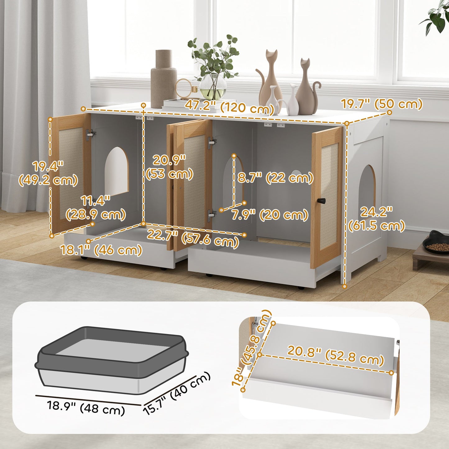 Cat Litter Box Enclosure, Hidden Litter Box Furniture with Pull-Out Tray, Indoor Cat Washroom with 2 Storage Cabinet, Scratching Mat, Oak