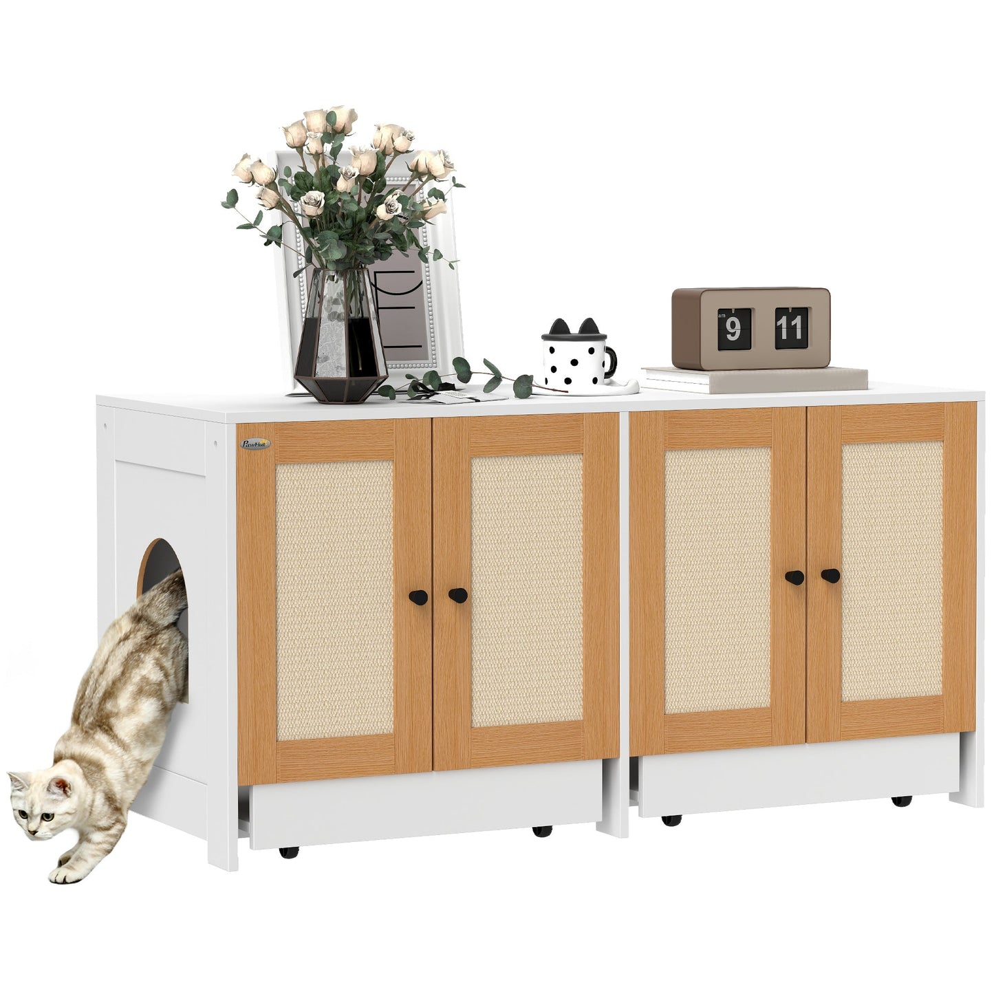 Cat Litter Box Enclosure, Hidden Litter Box Furniture with Pull-Out Tray, Indoor Cat Washroom with 2 Storage Cabinet, Scratching Mat, Oak