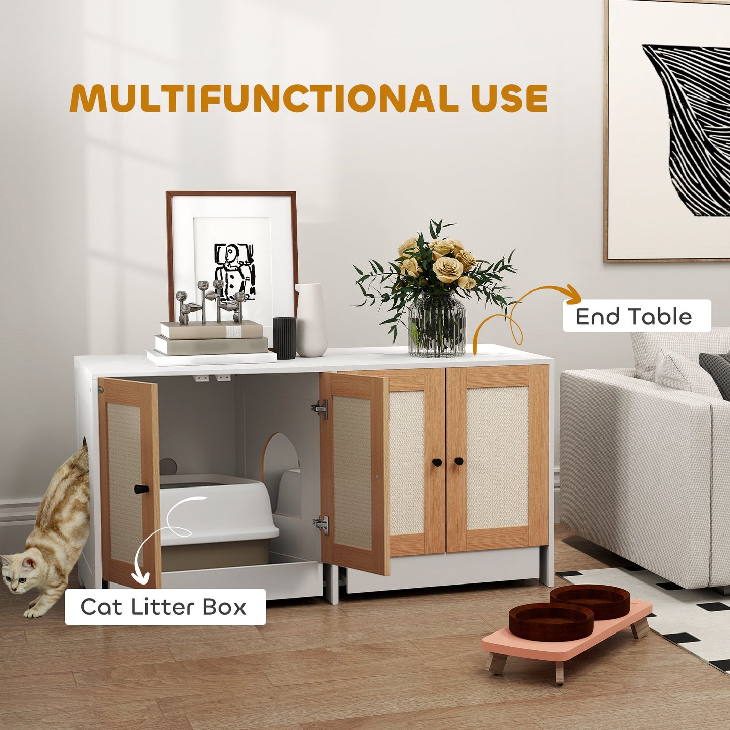 Cat Litter Box Enclosure, Hidden Litter Box Furniture with Pull-Out Tray, Indoor Cat Washroom with 2 Storage Cabinet, Scratching Mat, Oak