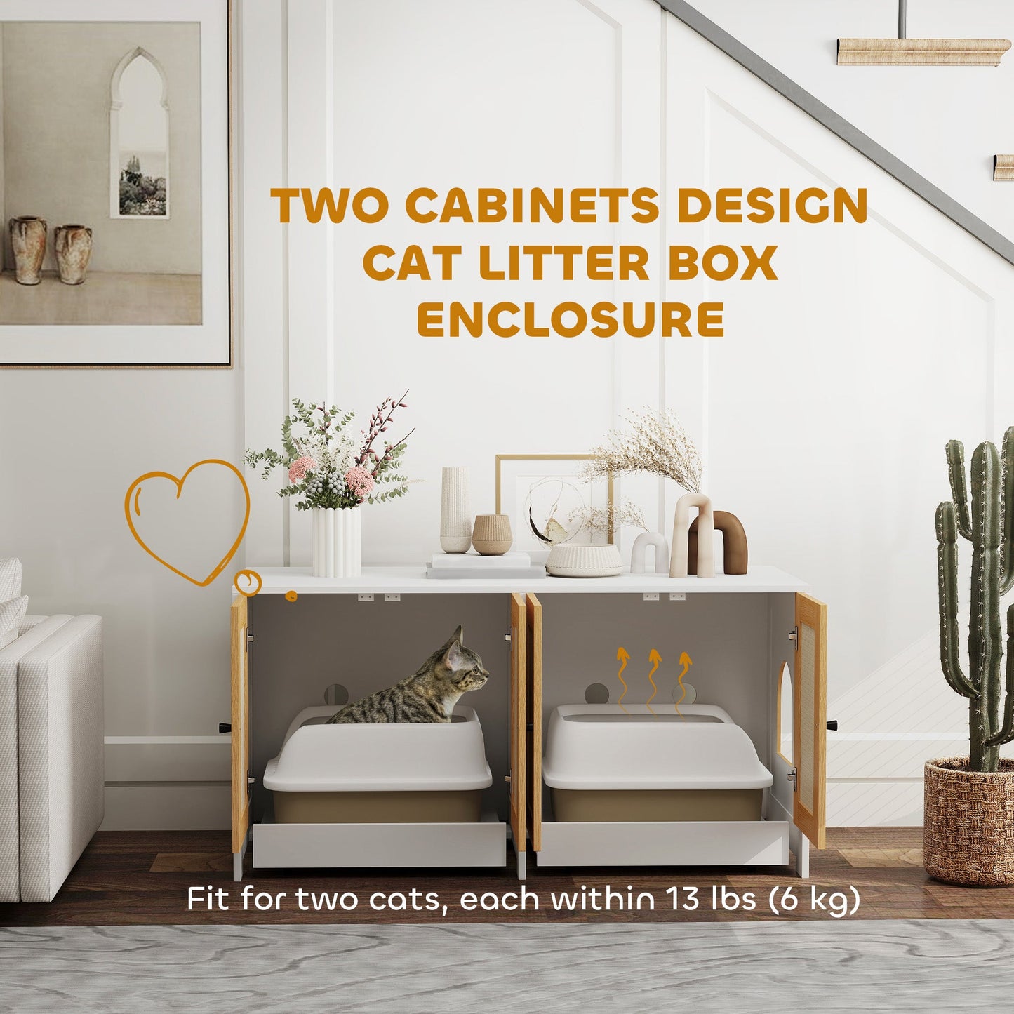 Cat Litter Box Enclosure, Hidden Litter Box Furniture with Pull-Out Tray, Indoor Cat Washroom with 2 Storage Cabinet, Scratching Mat, Oak