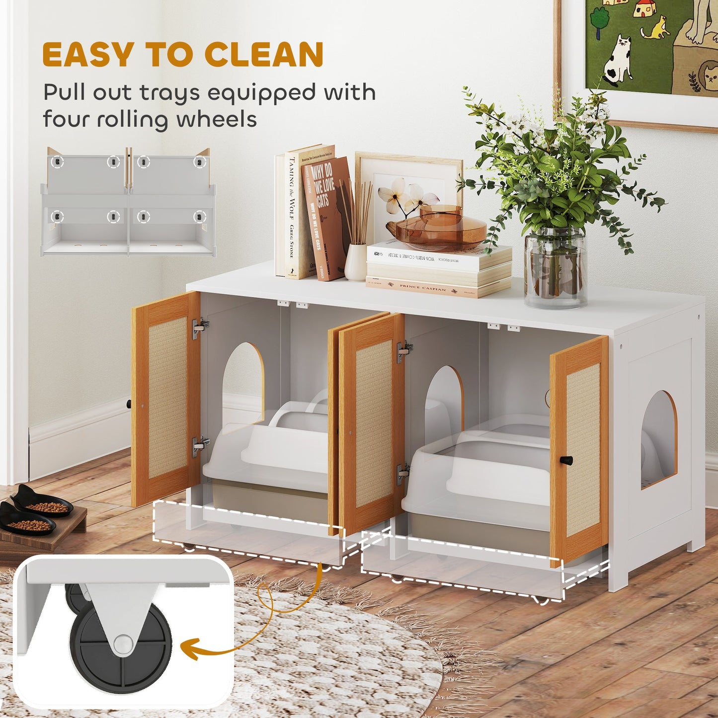 Cat Litter Box Enclosure, Hidden Litter Box Furniture with Pull-Out Tray, Indoor Cat Washroom with 2 Storage Cabinet, Scratching Mat, Oak