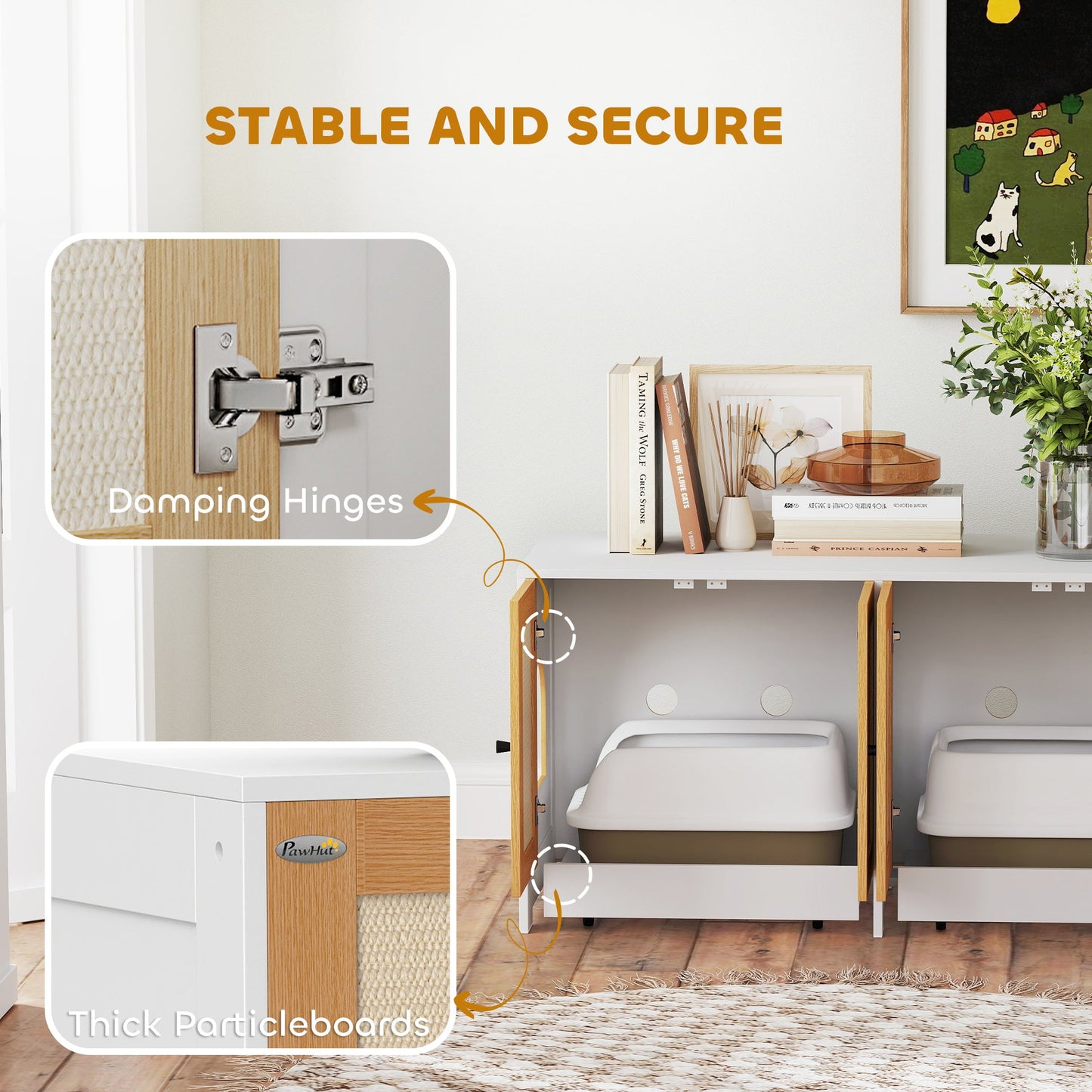 Cat Litter Box Enclosure, Hidden Litter Box Furniture with Pull-Out Tray, Indoor Cat Washroom with 2 Storage Cabinet, Scratching Mat, Oak