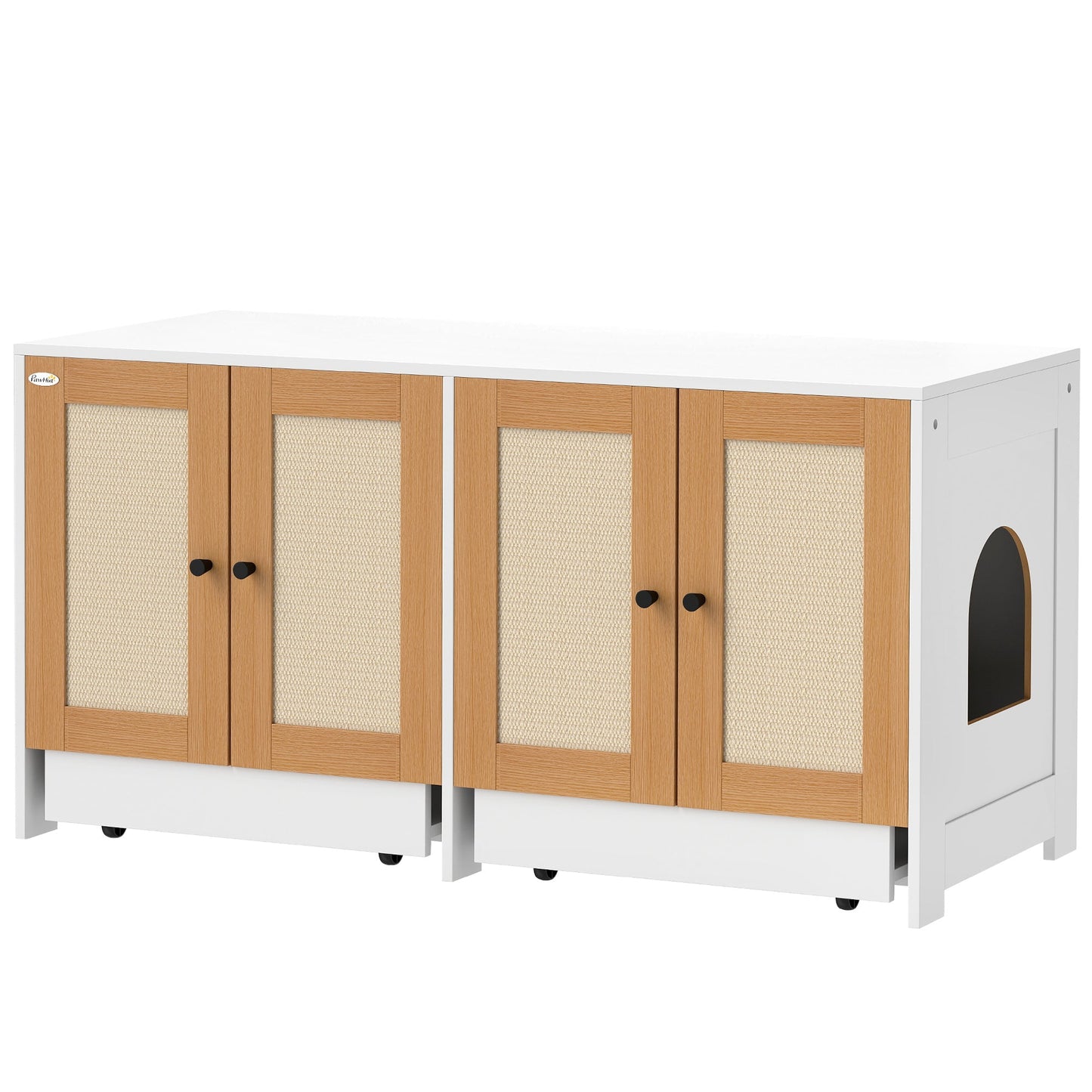 Cat Litter Box Enclosure, Hidden Litter Box Furniture with Pull-Out Tray, Indoor Cat Washroom with 2 Storage Cabinet, Scratching Mat, Oak