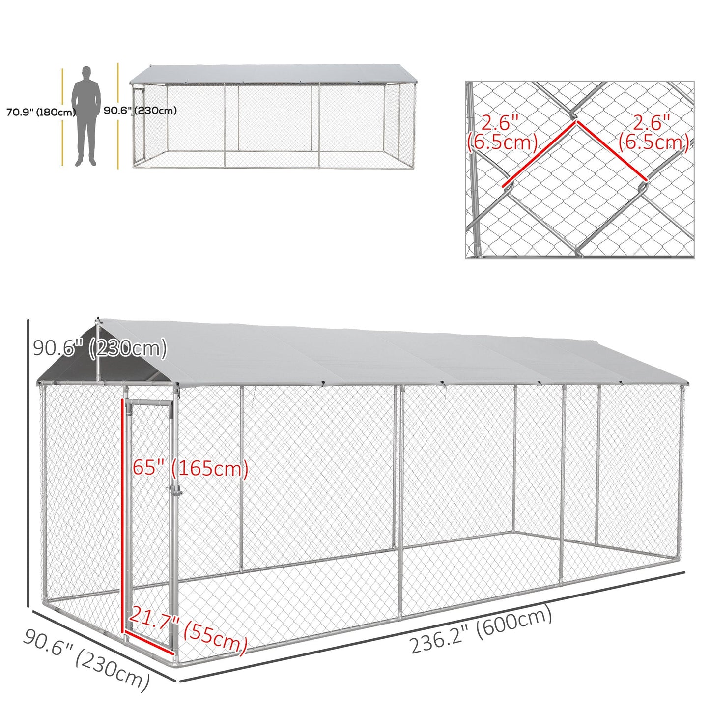 Outdoor Dog Kennel Dog Run with Waterproof, UV Resistant Cover for All-Sized Dogs, 19.7' x 7.5' x 7.5', Silver