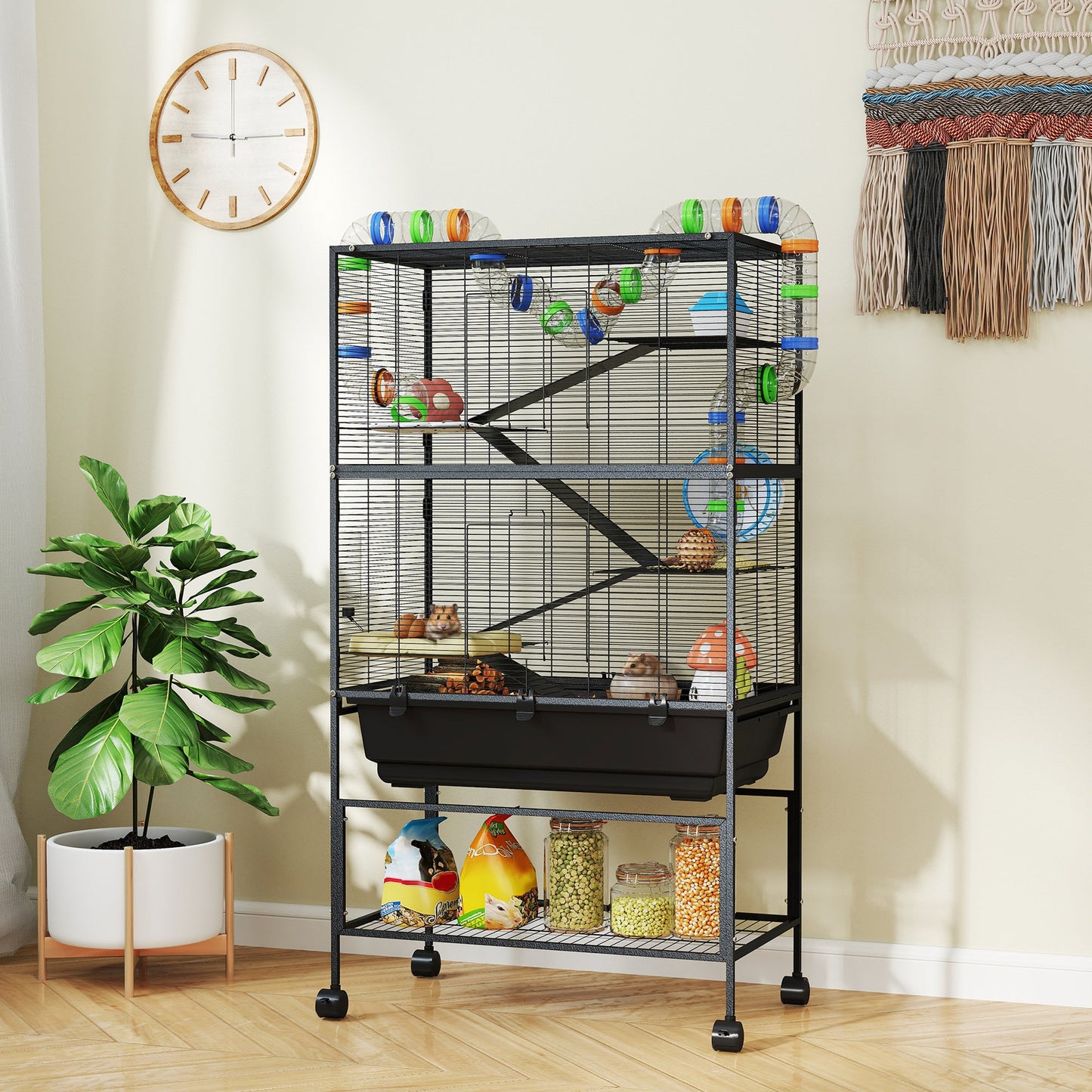 Large Hamster Cage with 7" Deep Tray, 5 Tier Rolling Gerbil Cage with Storage Shelf, Big Exercise Wheel, Tube System, Hut, Platforms, Ramps, for Syrian, Gerbil, Rat