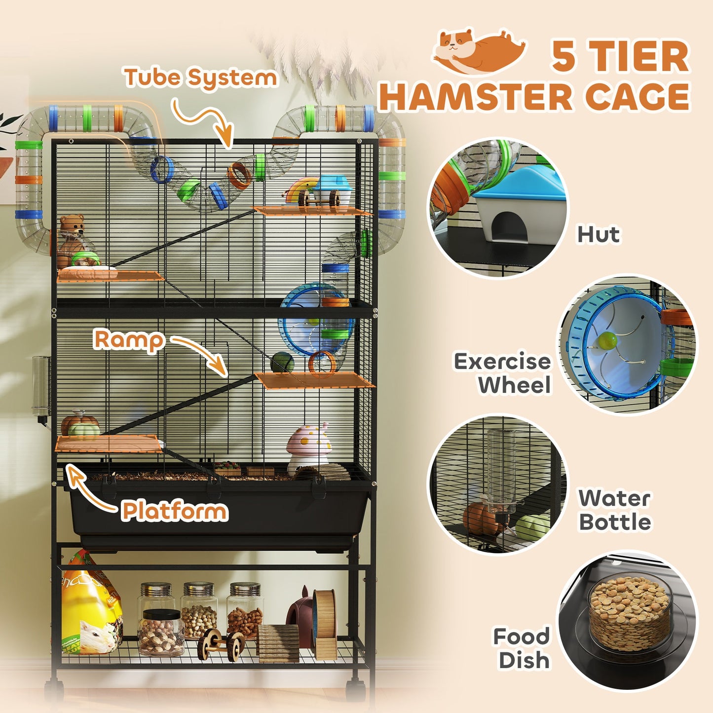 Large Hamster Cage with 7" Deep Tray, 5 Tier Rolling Gerbil Cage with Storage Shelf, Big Exercise Wheel, Tube System, Hut, Platforms, Ramps, for Syrian, Gerbil, Rat