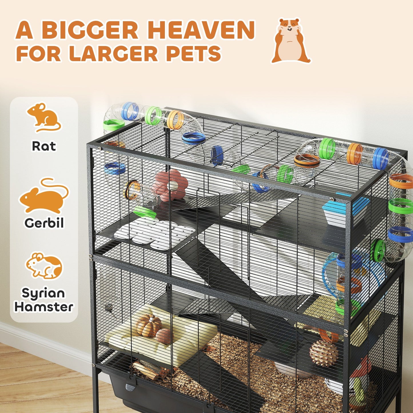 Large Hamster Cage with 7" Deep Tray, 5 Tier Rolling Gerbil Cage with Storage Shelf, Big Exercise Wheel, Tube System, Hut, Platforms, Ramps, for Syrian, Gerbil, Rat