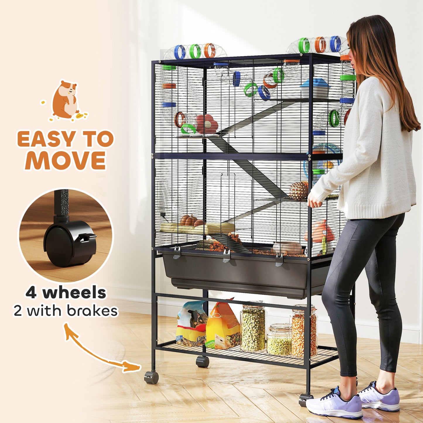 Large Hamster Cage with 7" Deep Tray, 5 Tier Rolling Gerbil Cage with Storage Shelf, Big Exercise Wheel, Tube System, Hut, Platforms, Ramps, for Syrian, Gerbil, Rat