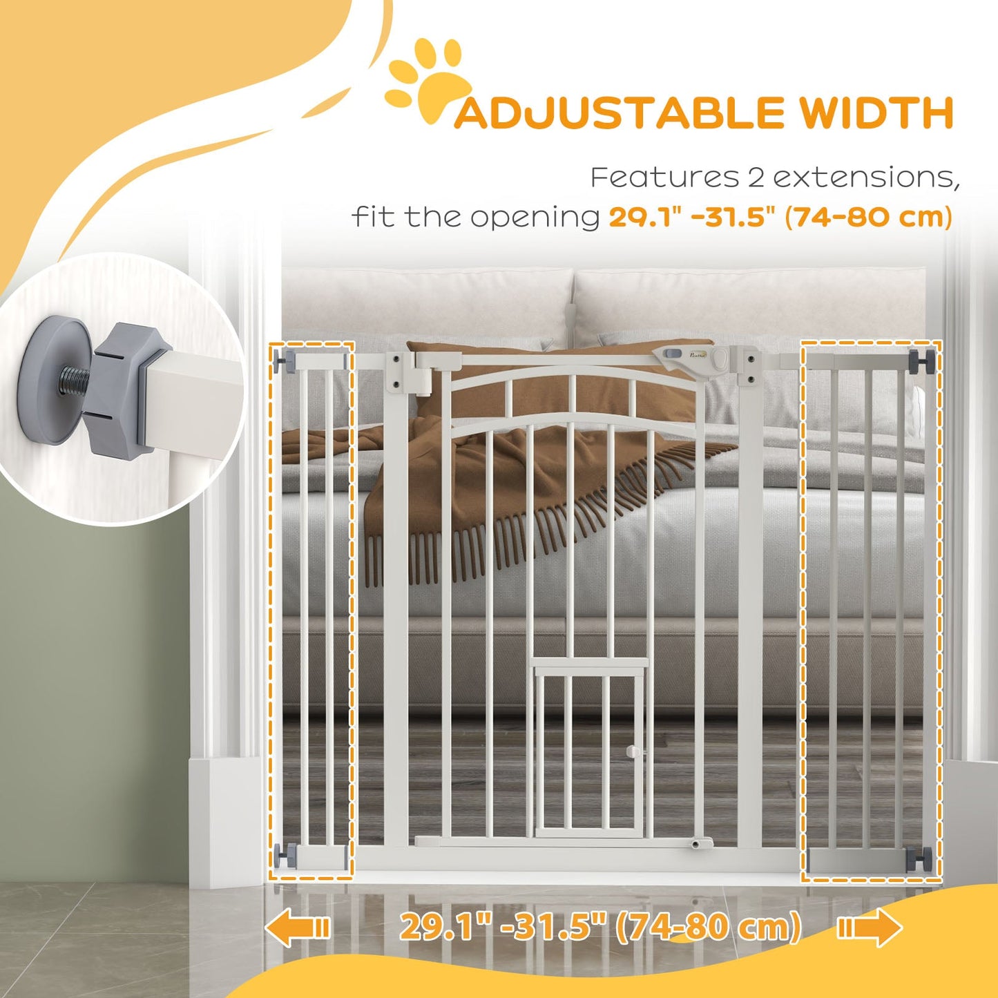 30"H Tall Dog Gate, Pet Gate with Cat Door, Auto-Close Pressure-Mounted Steel Safety Gate Barrier, Double Locking for Doorways Hallways Stairs, Fits 29"-39.4"W, White