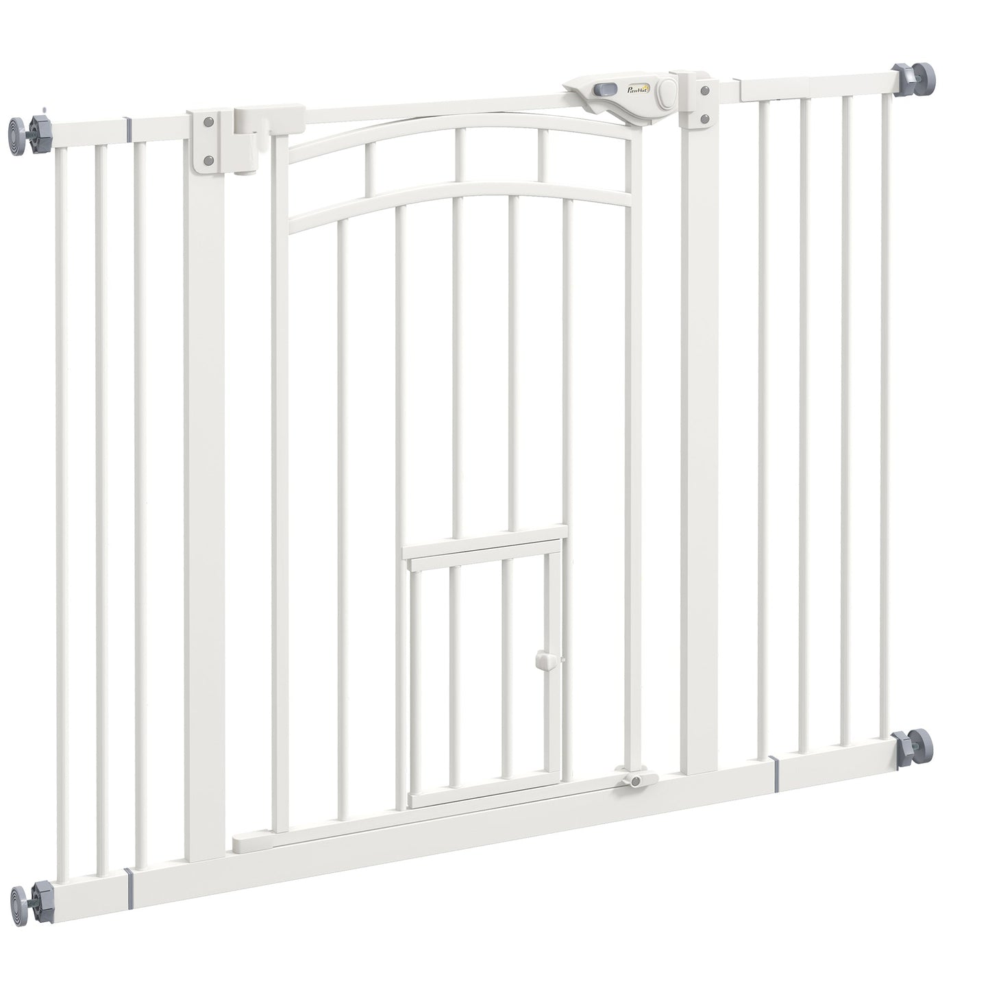 30"H Tall Dog Gate, Pet Gate with Cat Door, Auto-Close Pressure-Mounted Steel Safety Gate Barrier, Double Locking for Doorways Hallways Stairs, Fits 29"-39.4"W, White