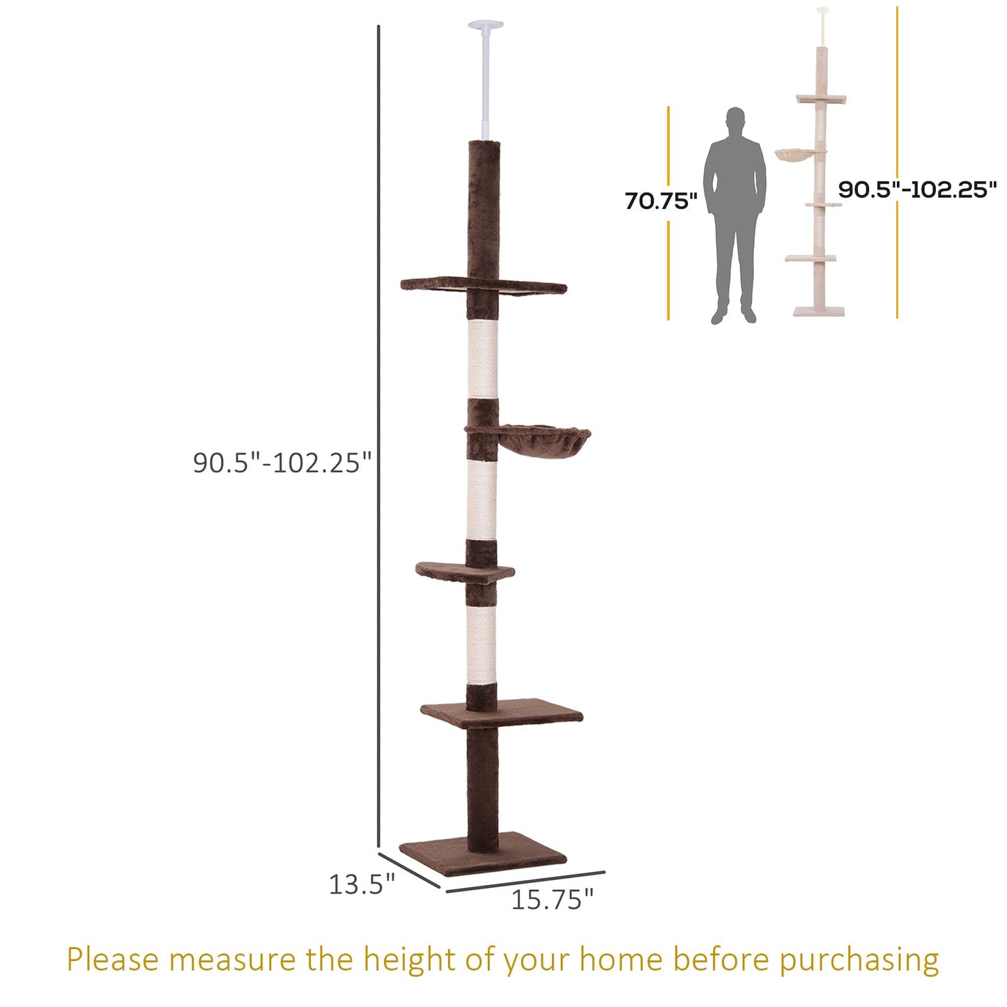 8.5ft Cat Climbing Tree 5-Tier Kitty Activity Center Floor-to-Ceiling Cat Climber Toy with Scratching Post Play Rest Post Pet Furniture Brown