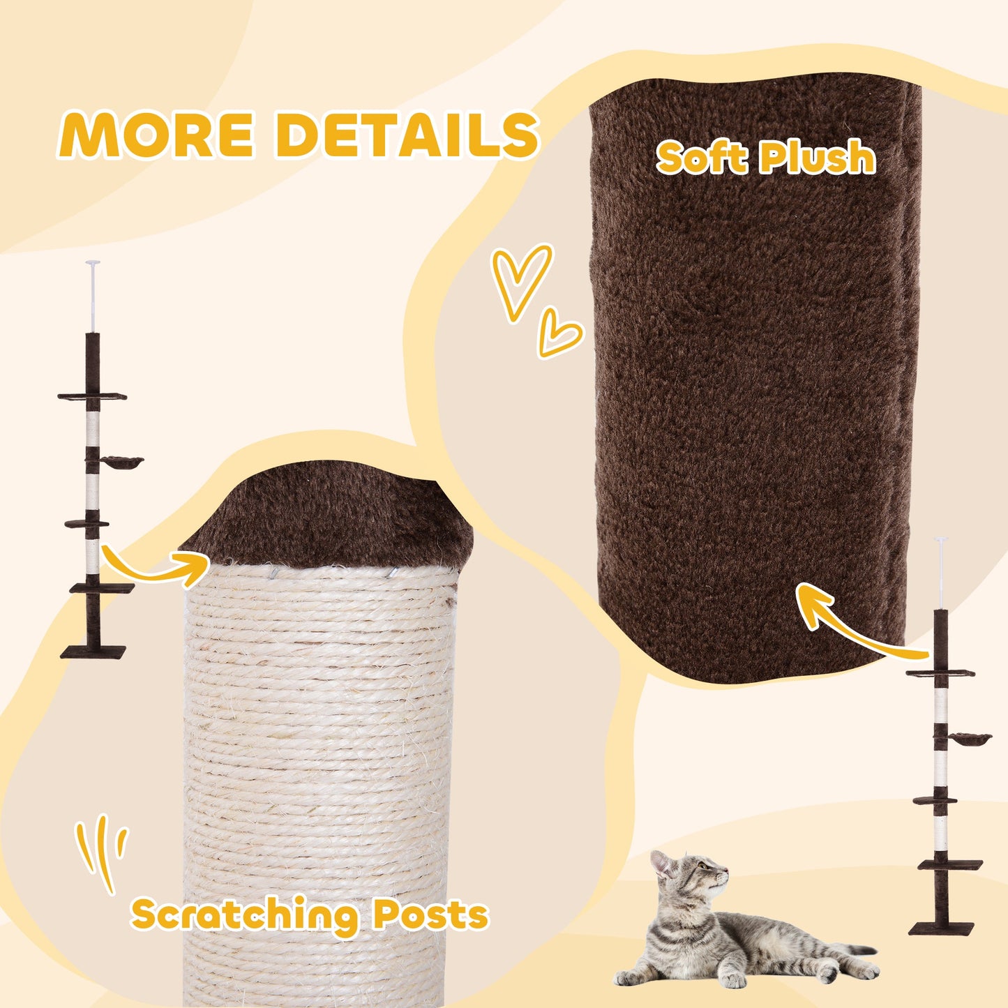 8.5ft Cat Climbing Tree 5-Tier Kitty Activity Center Floor-to-Ceiling Cat Climber Toy with Scratching Post Play Rest Post Pet Furniture Brown