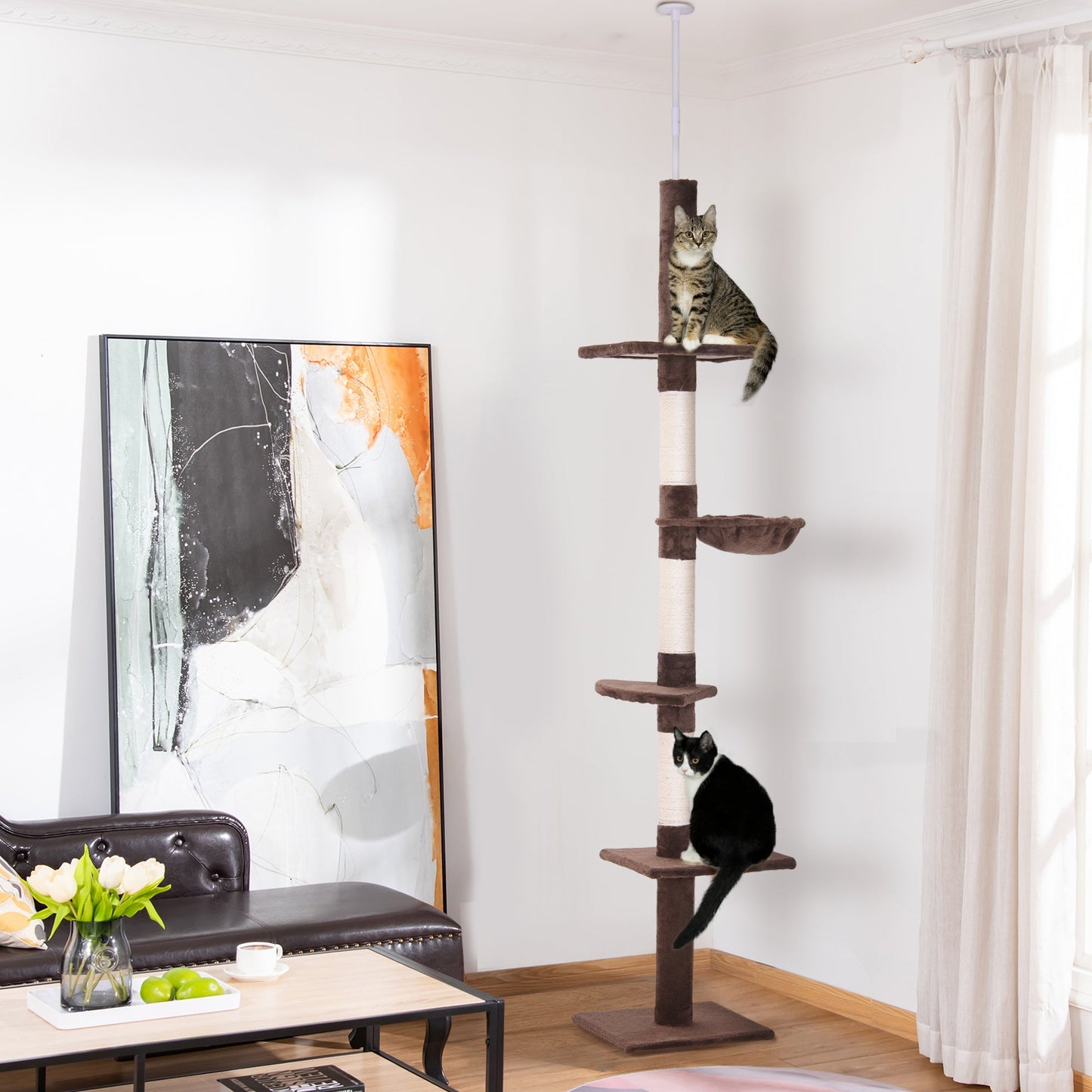 8.5ft Cat Climbing Tree 5-Tier Kitty Activity Center Floor-to-Ceiling Cat Climber Toy with Scratching Post Play Rest Post Pet Furniture Brown