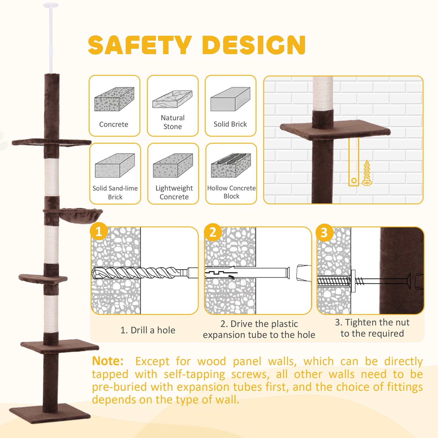 8.5ft Cat Climbing Tree 5-Tier Kitty Activity Center Floor-to-Ceiling Cat Climber Toy with Scratching Post Play Rest Post Pet Furniture Brown