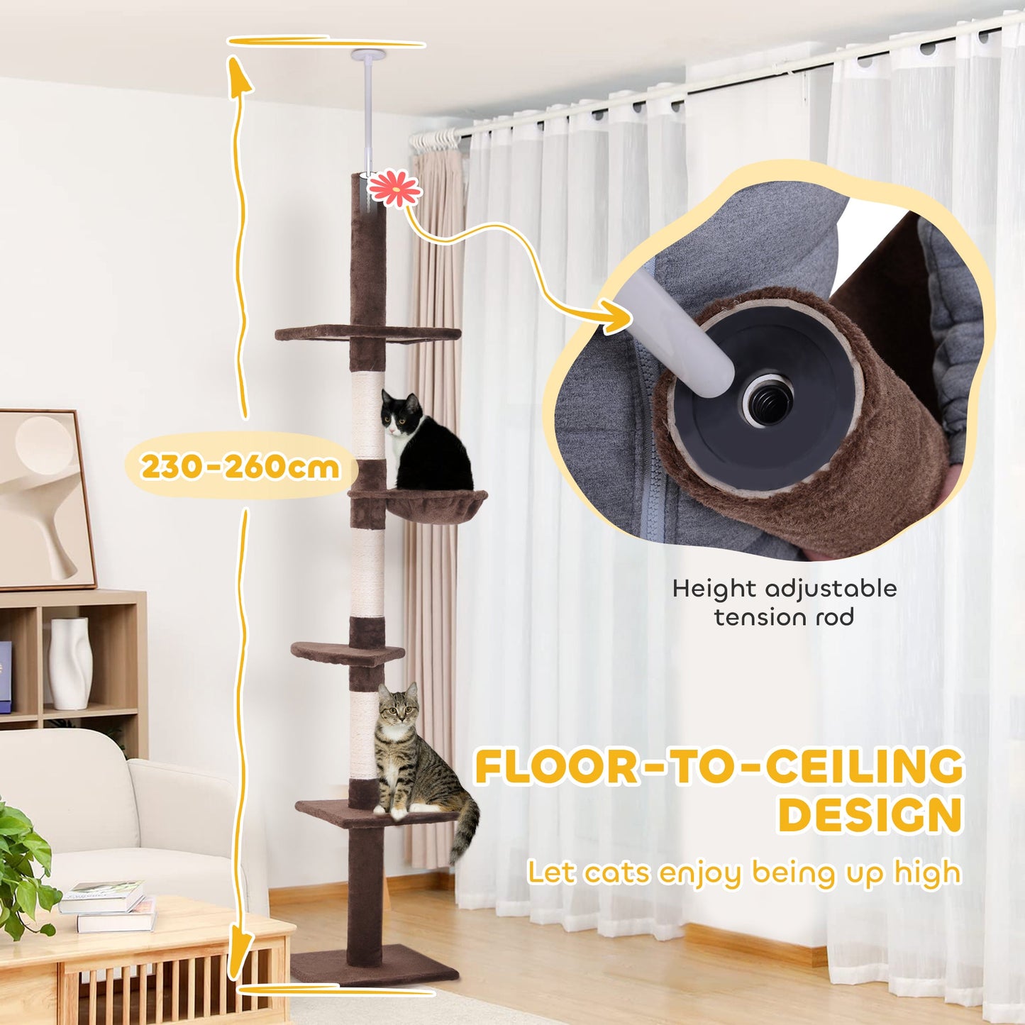 8.5ft Cat Climbing Tree 5-Tier Kitty Activity Center Floor-to-Ceiling Cat Climber Toy with Scratching Post Play Rest Post Pet Furniture Brown