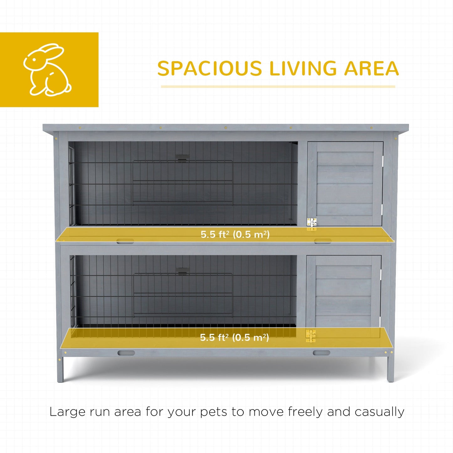 54"L 2-Story Large Rabbit Hutch Bunny Cage Wooden Pet House Small Animal Habitat with Lockable Doors, No Leak Tray and Waterproof Roof for Outdoor/Indoor Grey
