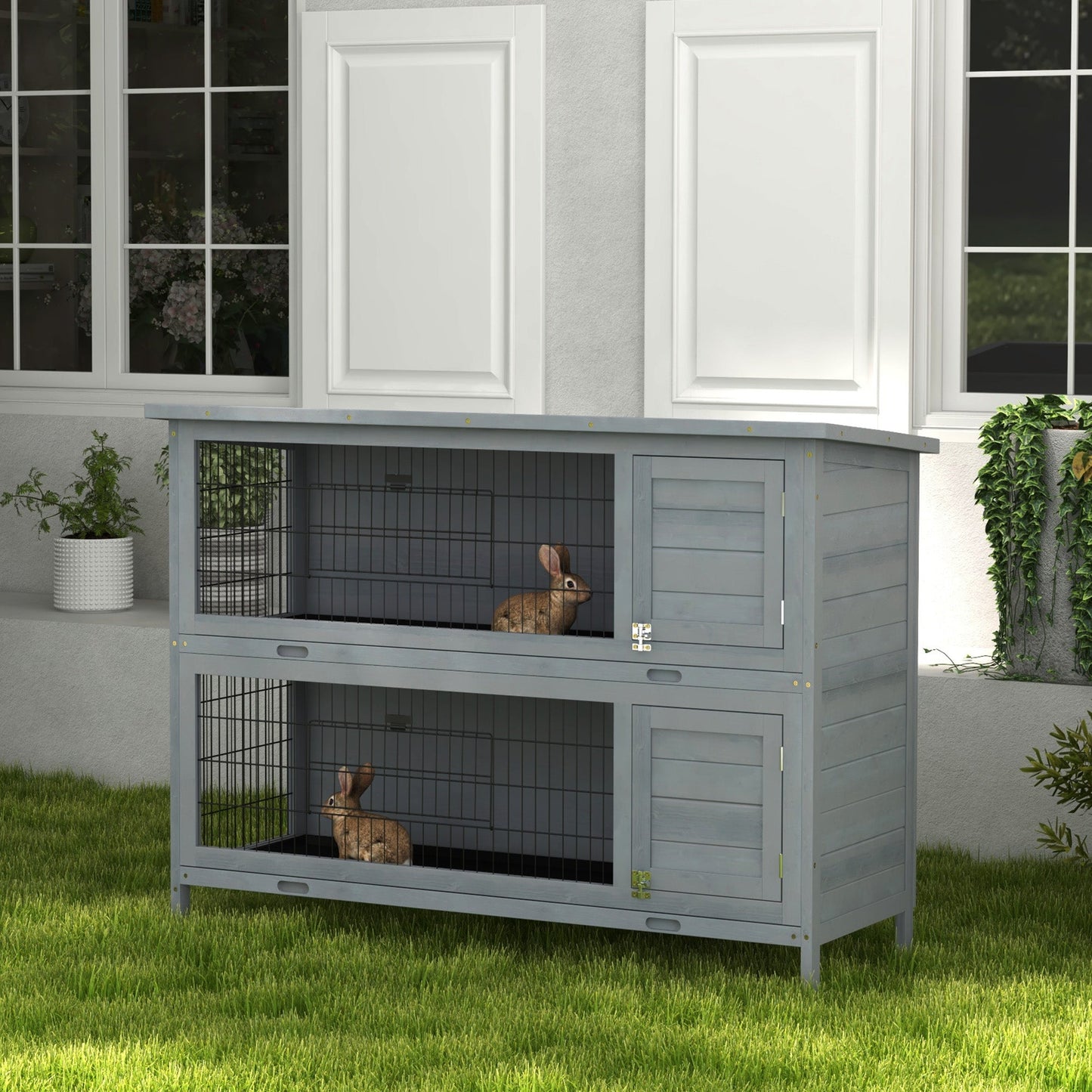 54"L 2-Story Large Rabbit Hutch Bunny Cage Wooden Pet House Small Animal Habitat with Lockable Doors, No Leak Tray and Waterproof Roof for Outdoor/Indoor Grey