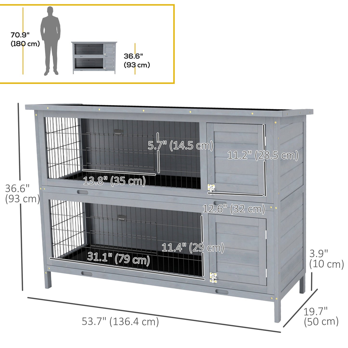54"L 2-Story Large Rabbit Hutch Bunny Cage Wooden Pet House Small Animal Habitat with Lockable Doors, No Leak Tray and Waterproof Roof for Outdoor/Indoor Grey