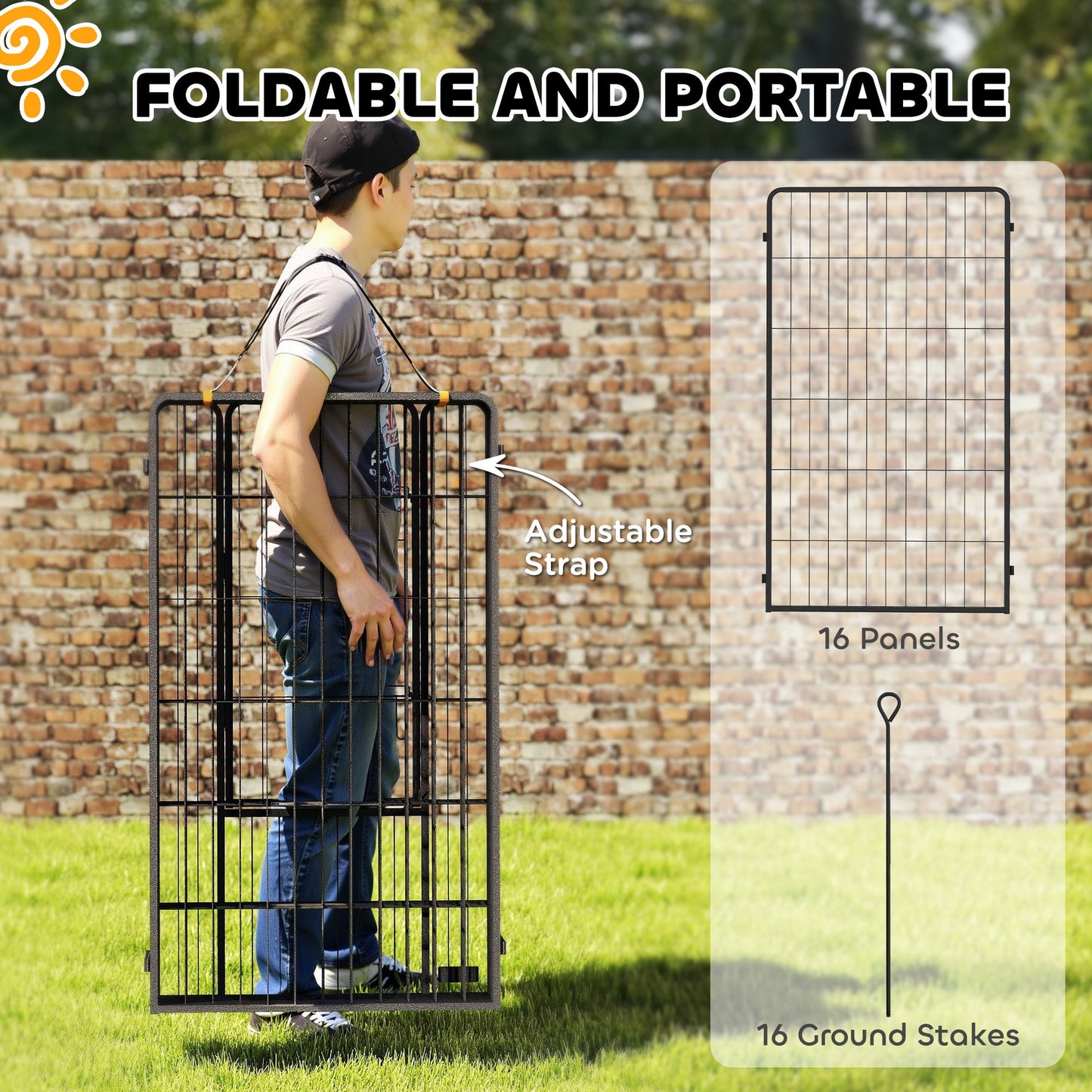 16 Panels Dog Playpen, 27"W x 47"H Heavy Duty Pet Fence with Door & Strap for Indoor Outdoor Backyard Garden, Portable & Foldable Puppy Pet Pen for Large Dogs
