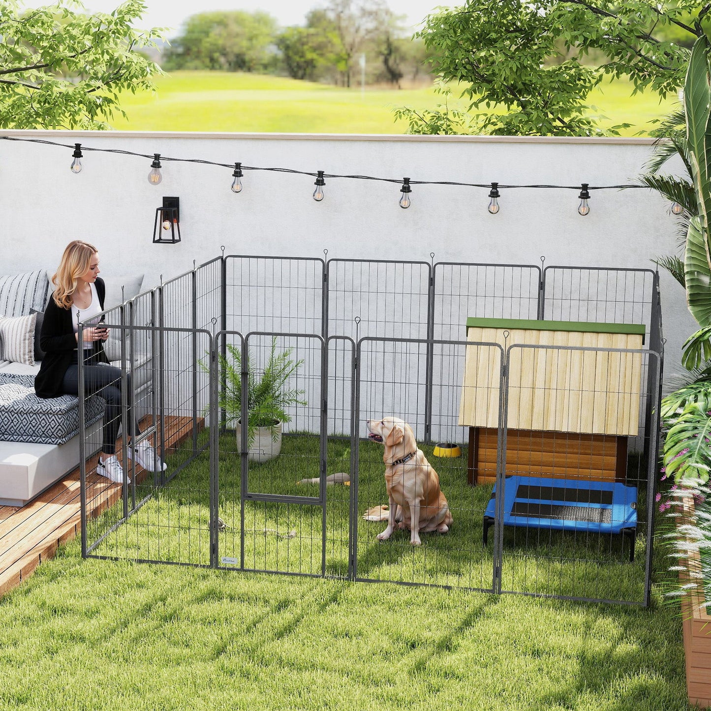 16 Panels Dog Playpen, 27"W x 47"H Heavy Duty Pet Fence with Door & Strap for Indoor Outdoor Backyard Garden, Portable & Foldable Puppy Pet Pen for Large Dogs