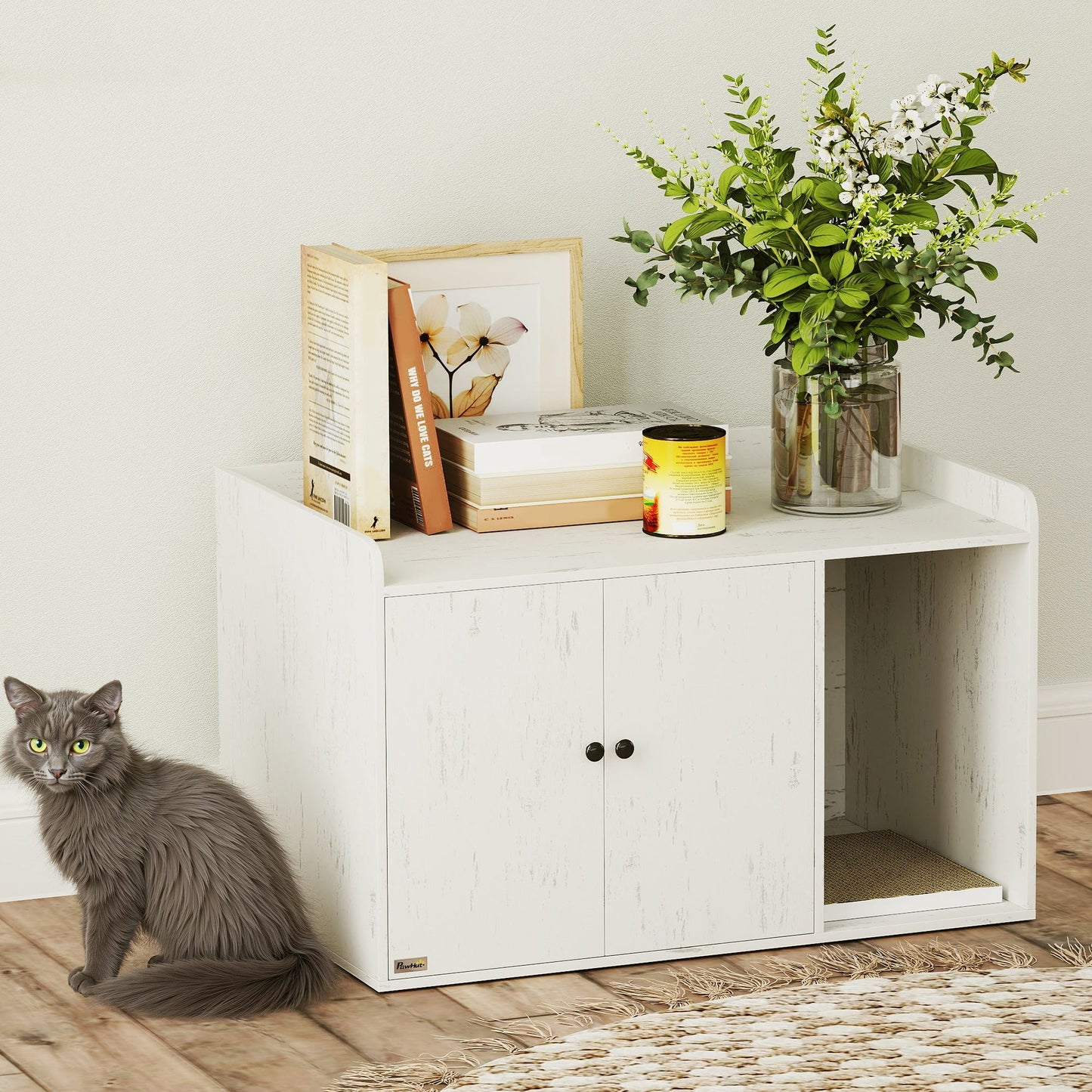 Litter Box Enclosure, 32" Hidden Washroom Furniture with Scratching Mat, Cat Entrance, Indoor Pet House, Side End Table Fit Most of Cat and Litter Box, Distressed White